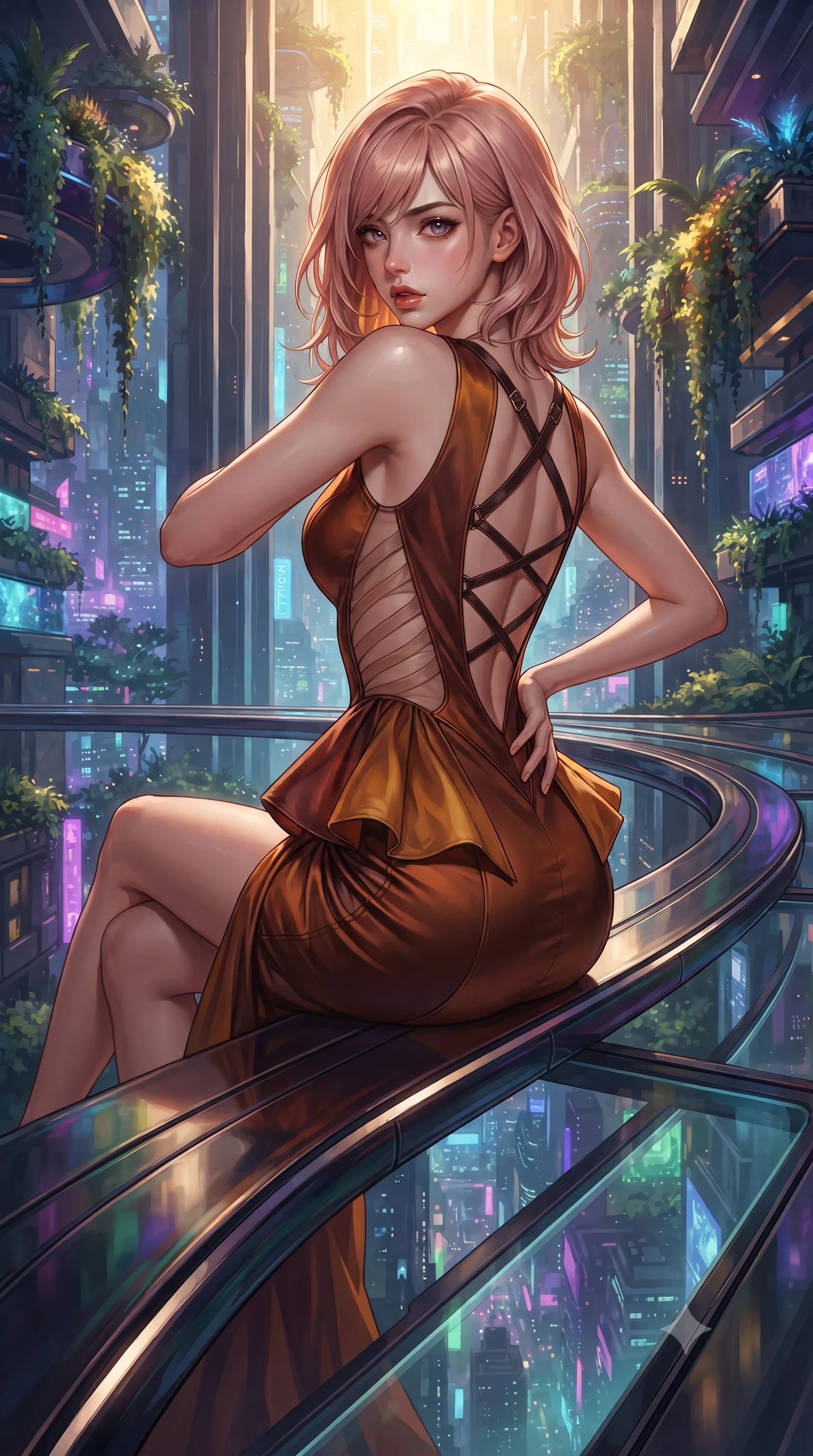 score_9, masterpiece, best quality, ultra-detailed, high-budget anime keyframe, editorial fashion photography, tasteful artistic composition, Japanese woman. close-up cowboy shot from the waist and thighs up, the character dominates the composition, filling the frame with her large presence. posing in an alluring rear three-quarter angle, arching her lower back in a pronounced S-curve with one hand on her hip, glancing seductively over her bare shoulder with parted glossy lips while perching on the curved architectural skyway bench, long slender legs crossed and torso angled back to display her flat midriff and slender hourglass curves. The surrounding environment is rendered in vivid detail and crisp panoramic clarity. vibrant high-contrast cyberpunk botanical chiaroscuro and cutting-edge tropical metropolis aesthetics in precision. She has an exceptionally elegant, slender, and willowy female figure with an ultra-slim waist, flat toned midriff, narrow ribcage, and sculpted feminine hips creating an alluring, slim hourglass silhouette without bulk. sharp v-shaped jawline, high-bridge nose, intricate jewel-like eyes with depth, thick eyelashes, glossy parted lips with a natural sheen, intensely captivating and seductive bedroom-eyes expression, flawlessly proportioned anatomical accuracy, strict slender model proportions, natural body alignment, perfectly sculpted long slender limbs, ultra-slim waistline, clean dynamic posture without body distortion. wearing a structural geometric peplum gown with sheer side-ribbon cutouts and form-fitting skirt in rich copper bronze and warm amber, made of fluid silk crepe with delicate inner corsetry boning, featuring an open-back criss-cross harness strap in dark leather, the dramatically scooped open back descending to the base of her spine, accentuating her razor-sharp statuesque lines and slim hourglass silhouette. surrounded by a visionary, electrifying, and breathlessly magnificent eco-metropolis queen aura. ultra-reflective glossy finish, specular highlights, rich textural contrasts, high-contrast stereoscopic depth, volumetric dynamic lighting, 2k, ultra detail, master piece, 9:16 ratio