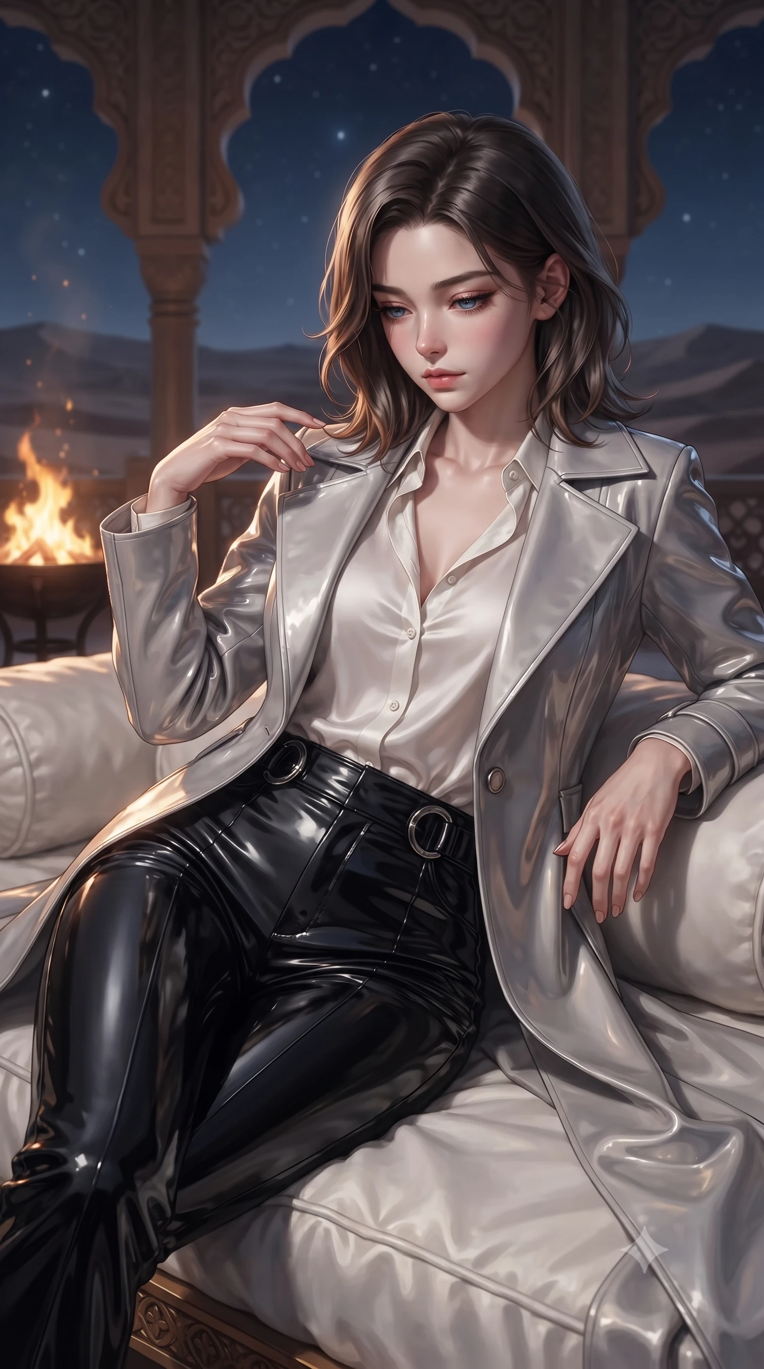 score_9, masterpiece, best quality, ultra-detailed, high-budget anime keyframe, editorial fashion photography, tasteful artistic composition, Korean woman. close-up cowboy shot from the waist and thighs up, the character dominates the composition, filling the frame with her large presence, background elements kept in soft focus. Looking down with lowered lashes and a composed, powerful dark aura, lounging on a white linen daybed surrounded by open arches overlooking the desert, mysterious oriental desert luxury aesthetic. She has an exceptionally elegant, slender, and willowy female figure with an ultra-slim waist, a gracefully sculpted slender torso, and a refined silhouette. sharp v-shaped jawline, high-bridge nose, intricate jewel-like eyes with depth, thick eyelashes, glossy lips with a natural sheen. wearing structured platinum leather long coat over white silk blouse and tailored slacks in pitch-black onyx, made of high-gloss liquid vinyl, trimmed with dark chrome ring hardware along the waist contours, accentuating her gracefully sculpted slender torso. illuminated by warm flickering brazier rays and cold silver starlight from above. ultra-reflective glossy finish, specular highlights, metallic sheen, high-contrast stereoscopic depth, volumetric dynamic lighting, 2k, ultra detail, master piece, 9:16 ratio