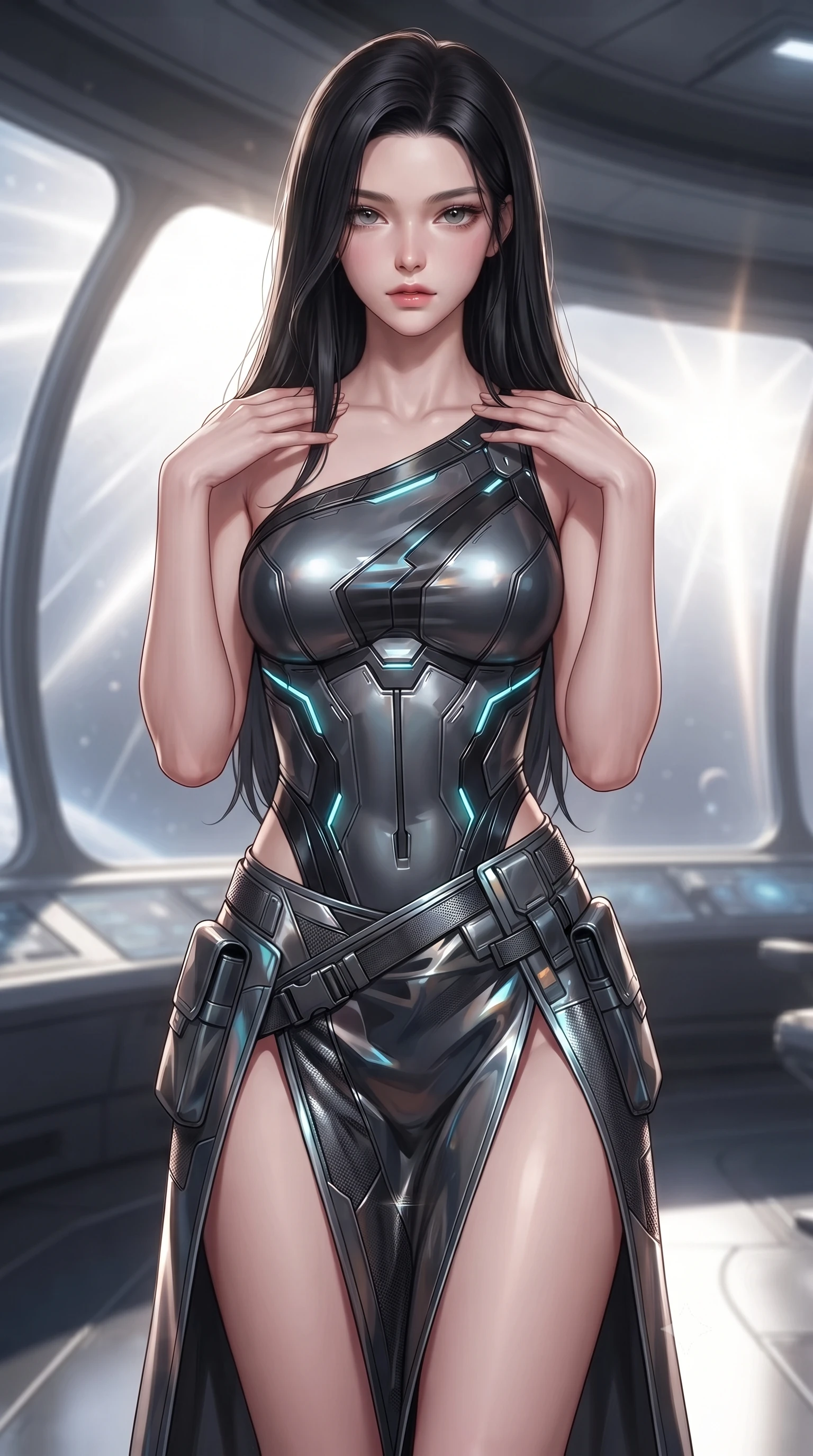 score_9, masterpiece, best quality, ultra-detailed, high-budget anime keyframe, editorial fashion photography, tasteful artistic composition, Korean woman. close-up cowboy shot from the waist and thighs up, the character dominates the composition, filling the frame with her large presence, background elements kept in soft focus. standing in a relaxed, elegant posture with both hands resting lightly on her collarbone, looking at the viewer with bedroom-eyes, the background shows a soft-focus a solar sail ship bridge with curved panoramic windows showing solar flares. She has an exceptionally elegant, slender, and willowy female figure with an ultra-slim waist, a gracefully sculpted slender torso, and a refined silhouette. sharp v-shaped jawline, high-bridge nose, intricate jewel-like eyes with depth, thick eyelashes, glossy lips with a natural sheen. wearing a body-hugging asymmetric one-shoulder nanotech bodice paired with a daring high-slit tactical utility wrap skirt. dazzling white solar radiation rays refracting through triple-glazed glass. ultra-reflective glossy finish, specular highlights, metallic sheen, high-contrast stereoscopic depth, volumetric dynamic lighting, 2k, ultra detail, master piece, 9:16 ratio