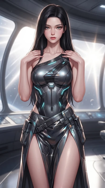score_9, masterpiece, best quality, ultra-detailed, high-budget anime keyframe, editorial fashion photography, tasteful artistic composition, Korean woman. close-up cowboy shot from the waist and thighs up, the character dominates the composition, fi