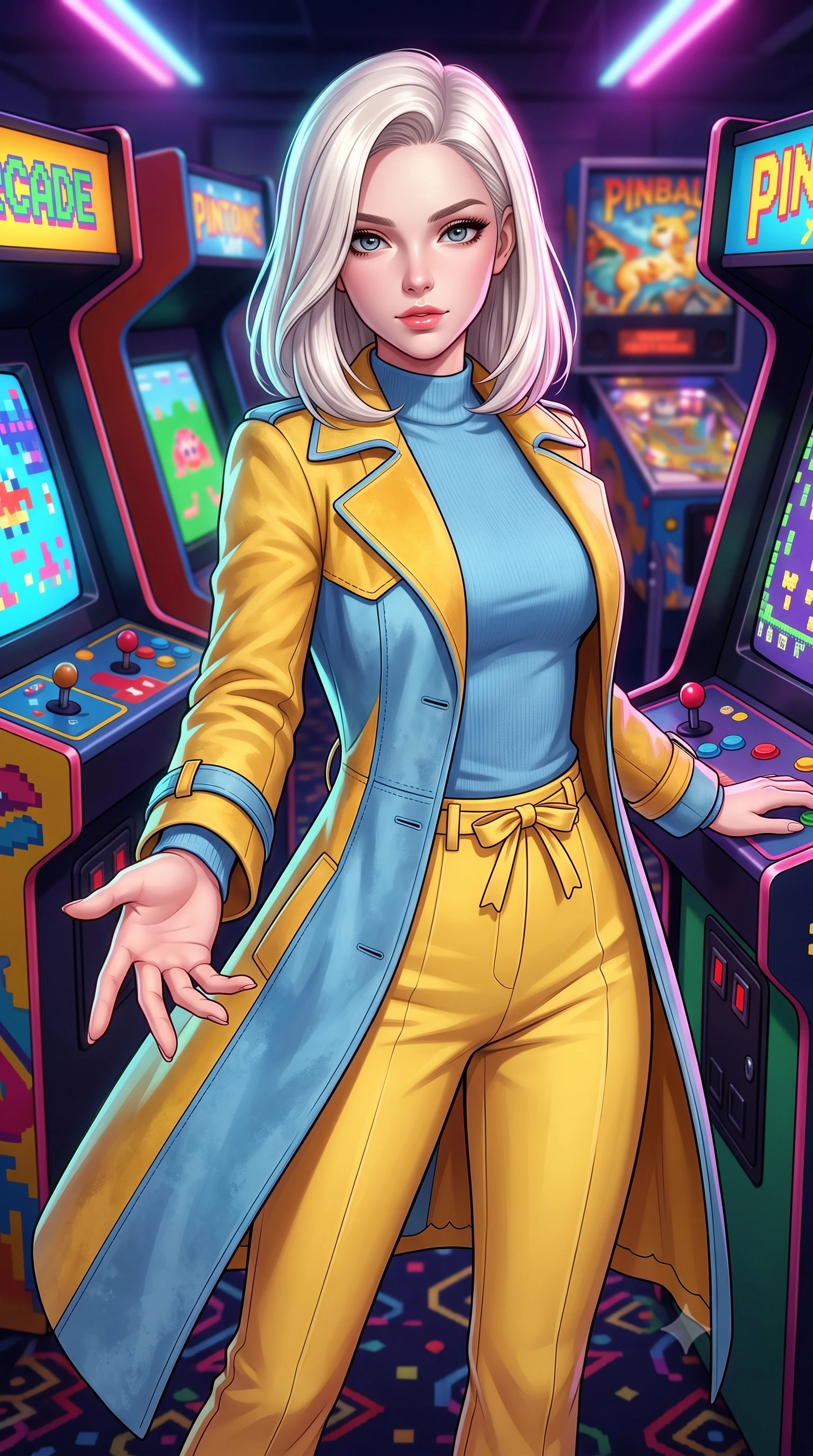 score_9, masterpiece, best quality, ultra-detailed, high-budget anime keyframe, semi-realistic 3D game render, editorial fashion photography, tasteful artistic composition, Caucasian woman. close-up cowboy shot from the waist and thighs up, the character dominates the composition, filling the frame with her large presence. extending one slender arm gracefully toward the foreground while casting an affectionate, mesmerizing glance while pivoting dynamically between colorful arcade cabinets as 8-bit CRT screens flash vibrant pixel art across her stylish outfit. The composition keeps background elements in soft focus with creamy bokeh. retro arcade carpet patterns and pinball machine backglasses softened in dynamic shallow focus. She has an exceptionally elegant, slender, and willowy female figure with an ultra-slim waist, a gracefully sculpted slender torso, toned flat midriff, and a refined slim silhouette. sharp v-shaped jawline, high-bridge nose, intricate jewel-like eyes with depth, thick eyelashes, glossy lips with a natural sheen, captivating and magnetic expression, flawlessly proportioned anatomical accuracy, strict slender model proportions, natural body alignment, perfectly sculpted long slender limbs, ultra-slim waistline, clean dynamic posture without body distortion. wearing a stylish retro suede trench coat over a fitted mock-neck knit top and high-waist tailored slacks in sunny retro canary yellow and sky blue, tailored from velvety soft genuine suede with classic stitched seams, finished with a dainty waist ribbon bow and scalloped hemline trims, the sleek tailored cut tightly hugging her graceful clavicle, narrow waist, and feminine curves with statuesque precision. bathed in multicolored arcade screen glows and vibrant neon alleyway downlights. highly saturated vibrant anime colors, detailed shading with soft gradients, rich glossy textures, high-contrast stereoscopic depth, volumetric dynamic lighting, master piece, 9:16 ratio