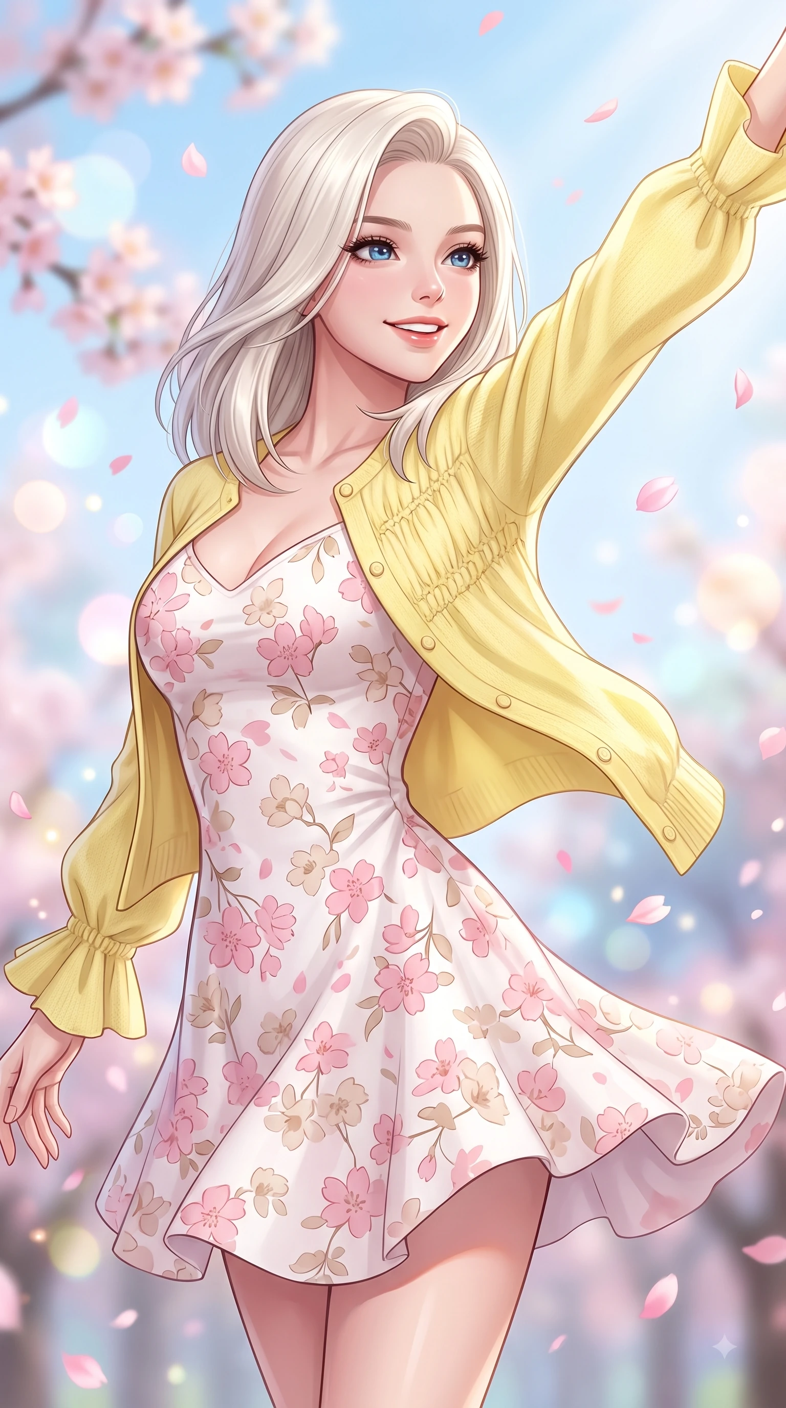 score_9, masterpiece, best quality, ultra-detailed, high-budget anime keyframe, editorial fashion photography, tasteful artistic composition, Caucasian woman. close-up cowboy shot from the waist and thighs up, the character dominates the composition, filling the frame with her large presence. Extending one arm in an elegant stretch toward the light while smiling with vibrant, youthful self-assurance while pivoting dynamically with a beaming smile as delicate pink cherry blossom petals shower around her. The composition keeps background elements in soft focus with dreamy bokeh. pastel spring sky refractions and flower branches blurred in smooth creamy depth. She has an exceptionally elegant, slender, and willowy female figure with an ultra-slim waist, a gracefully sculpted slender torso, and a refined silhouette. sharp v-shaped jawline, high-bridge nose, intricate jewel-like eyes with depth, thick eyelashes, glossy lips with a natural sheen, flawlessly proportioned anatomical accuracy, natural body alignment, perfectly sculpted elegant limbs, clean dynamic posture without body distortion. wearing a fresh lemon-yellow cardigan over a white floral print slip dress in cherry blossom pink and soft beige, knitted from soft cozy cashmere yarn, accented with soft smocked details and fluttery cuffs, the soft airy drape swaying gracefully with her dynamic movements. surrounded by a fresh, sweet, and nostalgic spring park atmosphere. highly saturated vibrant anime colors, detailed shading with soft gradients, rich glossy textures, high-contrast stereoscopic depth, volumetric dynamic lighting, master piece, 9:16 ratio