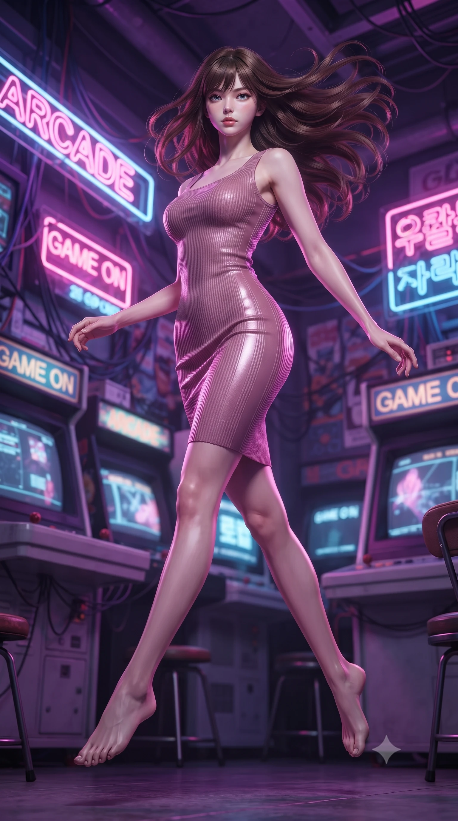 score_9, masterpiece, best quality, ultra-detailed, high-budget anime keyframe, editorial fashion photography, tasteful artistic composition, Korean woman woman. low angle full-body shot from head to toe showing her feet, filling the entire 9:16 vertical frame with her statuesque presence, stretching her vertical silhouette. She has an absolutely perfect, statuesque 8.5-heads proportion, an exceptionally tall and slender model-like female figure with impossibly long slender legs and an ultra-slim waist. leaping inside the glowing space with athletic poise, her hair swirling in a dynamic wind vortex, flawlessly proportioned anatomical accuracy, natural body alignment, perfectly sculpted elegant limbs, clean dynamic posture without body distortion. set against a soft-focus background of a retro cyber arcade filled with glowing CRT screens and neon signs. wearing a sculpted dusty rose ribbed knit bodycon dress with form-contouring side seams. bathed in strobing violet and electric pink neon lights refracting on her outfit. ultra-reflective glossy finish, specular highlights, metallic sheen, high-contrast stereoscopic depth, volumetric dynamic lighting, 2k, ultra detail, master piece, 9:16 ratio