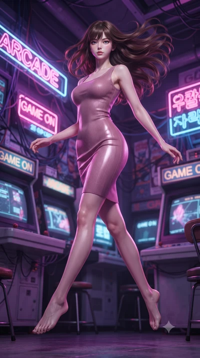 score_9, masterpiece, best quality, ultra-detailed, high-budget anime keyframe, editorial fashion photography, tasteful artistic composition, Korean woman woman. low angle full-body shot from head to toe showing her feet, filling the entire 9:16 vert