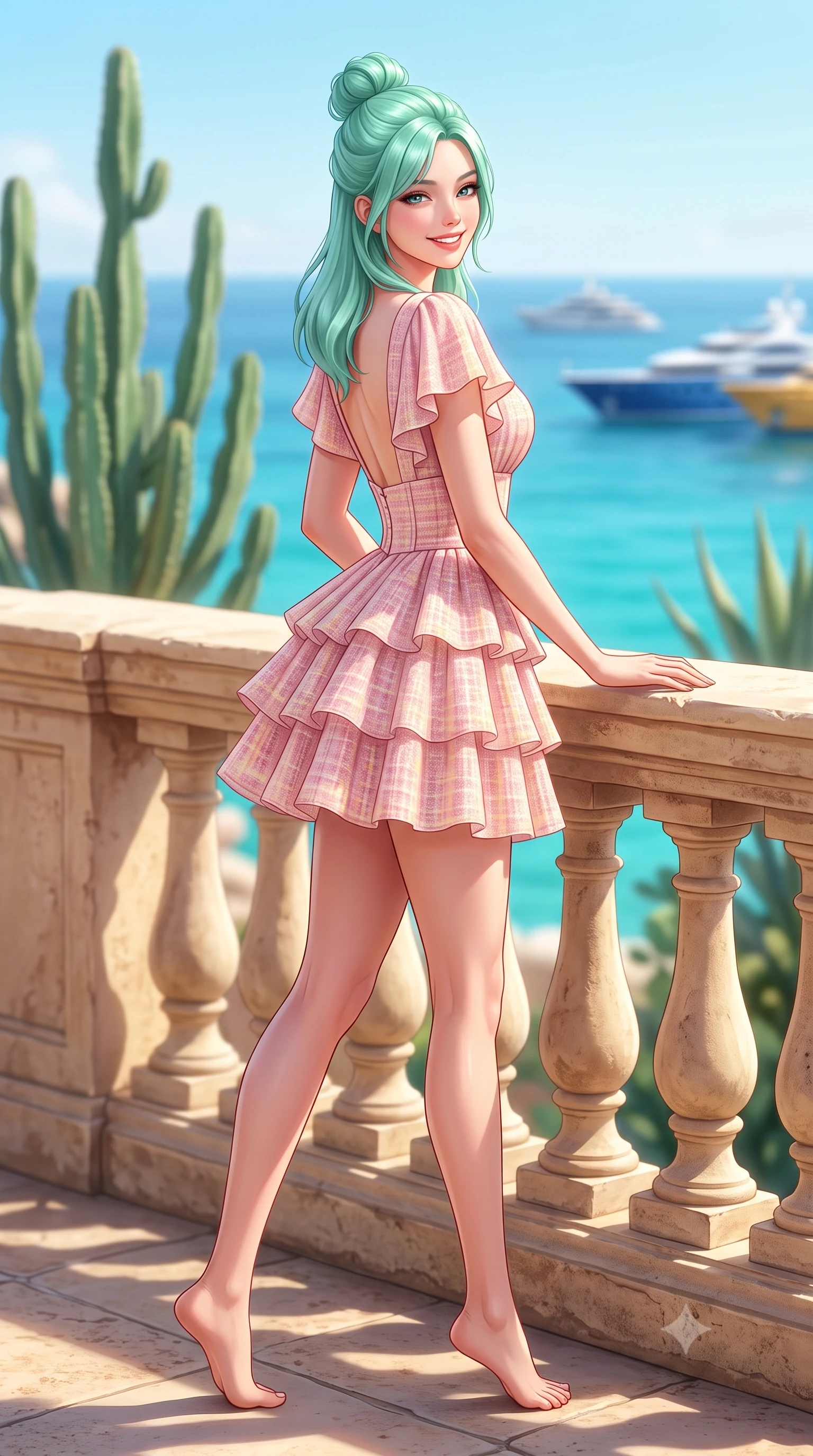 score_9, masterpiece, best quality, ultra-detailed, high-budget anime keyframe, semi-realistic 3D game render, editorial fashion photography, tasteful artistic composition, Japanese woman. low angle full-body shot from head to toe showing her feet, filling the entire 9:16 vertical frame with her statuesque presence, stretching her vertical silhouette. stepping forward gracefully in mid-motion with a radiant beaming smile, hips swaying in an alluring kinetic rhythm that accentuates her curvy hourglass silhouette and long slender legs while leaning back against the rustic limestone terrace railing with hips cocked back, looking over her shoulder with an alluring, luxurious bedroom-gaze. The composition keeps background elements in soft focus with dreamy creamy bokeh. towering sculptural succulents, turquoise Mediterranean sea, and Monte-Carlo luxury superyachts blurred into jade, azure, and golden bokeh. She has an exceptionally tall and slender model-like 8.5-heads proportion, an ultra-slim waist, a flat toned midriff, narrow delicate ribcage, and beautifully sculpted feminine hips creating a graceful, slim hourglass silhouette without any bulky heaviness, with impossibly long slender legs. sharp v-shaped jawline, high-bridge nose, intricate jewel-like sparkling eyes with depth, thick eyelashes, glossy parted lips with a natural peach sheen, bright cheerful beaming smile with an enchanting and coquettish sensual glint, exuding both youthful cute charm and seductive allure, flawlessly proportioned anatomical accuracy, strict slender model proportions, natural body alignment, perfectly sculpted long slender limbs, ultra-slim waistline, clean dynamic posture without body distortion. wearing a tiered ruffled chiffon mini dress with a fitted corseted waist and open back in sweet strawberry milk pink and butter yellow, tailored from soft pastel tweed with subtle metallic shimmer, featuring elegant flutter sleeves and a graceful square neckline, the form-contouring cut accentuating her sculpted flat midriff, narrow delicate ribcage, and gracefully curvy hips with supermodel precision. illuminated by radiant turquoise sea bounce fill sharply carving her razor-sharp jawline, narrow waist, and curvy hips. highly saturated vibrant anime colors, detailed shading with soft gradients, rich glossy textures, high-contrast stereoscopic depth, volumetric dynamic lighting, master piece, 9:16 ratio