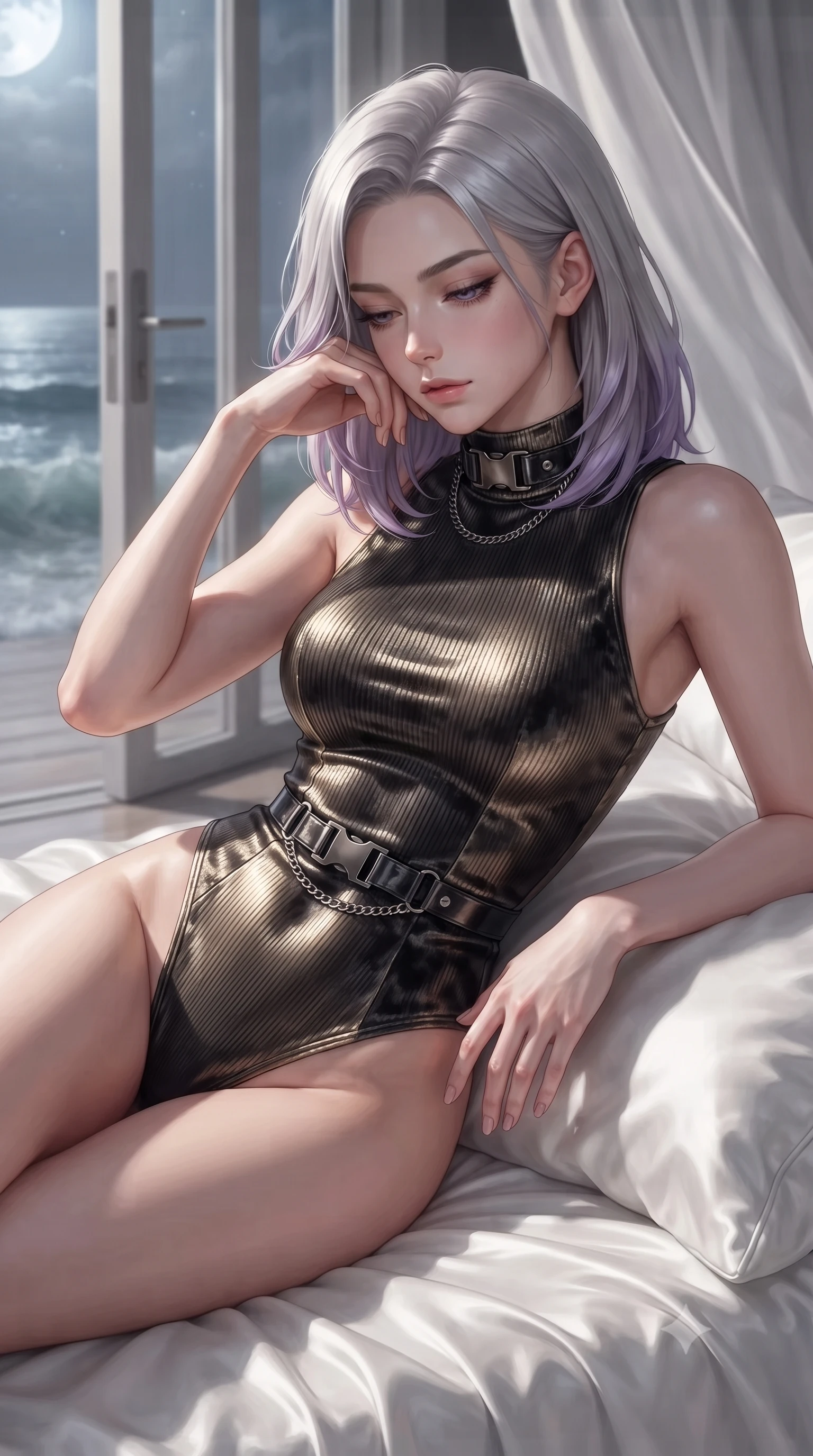 score_9, masterpiece, best quality, ultra-detailed, high-budget anime keyframe, editorial fashion photography, tasteful artistic composition, Caucasian woman. close-up cowboy shot from the waist and thighs up, the character dominates the composition, filling the frame with her large presence, background elements kept in soft focus. Looking down with lowered lashes and a composed, powerful dark aura, lounging on a plush white silk daybed as soft sea breezes drift through open doors, gentle ocean movement swaying white silk curtains around her long legs. She has an exceptionally elegant, slender, and willowy female figure with an ultra-slim waist, a gracefully sculpted slender torso, and a refined silhouette. sharp v-shaped jawline, high-bridge nose, intricate jewel-like eyes with depth, thick eyelashes, glossy lips with a natural sheen. wearing sleek high-neck ribbed activewear bodysuit in matte black in champagne gold, made of crushed dark silk velvet, framed by dark titanium buckles and silver chain details, highlighting her statuesque proportions and ultra-slim waistline. illuminated by cold silver moonlight rays and soft interior ocean reflections. ultra-reflective glossy finish, specular highlights, metallic sheen, high-contrast stereoscopic depth, volumetric dynamic lighting, 2k, ultra detail, master piece, 9:16 ratio