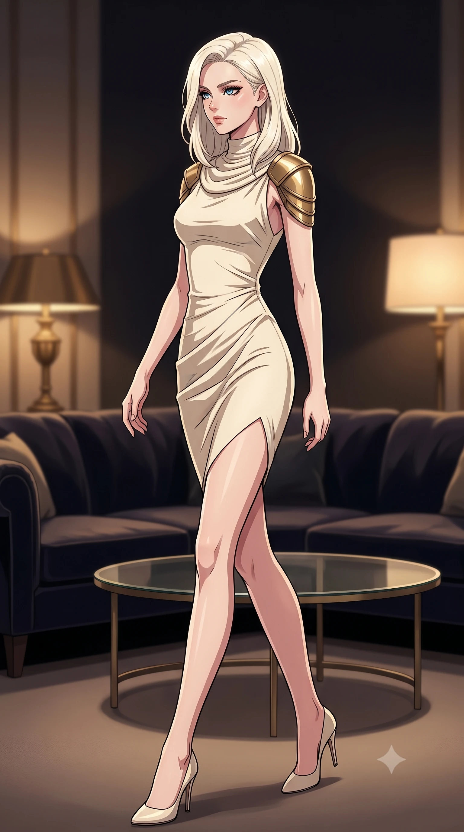 score_9, masterpiece, best quality, ultra-detailed, high-budget anime keyframe, tasteful artistic composition, Caucasian woman. low angle full-body shot from head to toe showing her feet, filling the entire 9:16 vertical frame with her statuesque presence, stretching her vertical silhouette. stepping gracefully while looking back over her shoulder, her dress draped tightly to reveal her silhouette the background shows a soft-focus a dark velvet lounge corner with vintage lamps and a round glass coffee table. She has an absolutely perfect, statuesque 8.5-heads proportion, an exceptionally tall and slender model-like female figure with impossibly long slender legs and an ultra-slim waist. sharp v-shaped jawline, high-bridge nose, intricate jewel-like eyes with depth, thick eyelashes, glossy lips with a natural sheen. wearing a slim-fit elegant galactic senate gown in cream cashmere, featuring structured metallic gold shoulder guards and a high-neck drape. low-contrast warm ambient glow creating a calm and relaxed mood. highly saturated vibrant anime colors, cel-shading, 2d style, master piece, 9:16 ratio