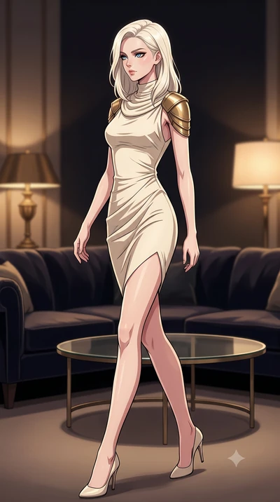 score_9, masterpiece, best quality, ultra-detailed, high-budget anime keyframe, tasteful artistic composition, Caucasian woman. low angle full-body shot from head to toe showing her feet, filling the entire 9:16 vertical frame with her statuesque pre