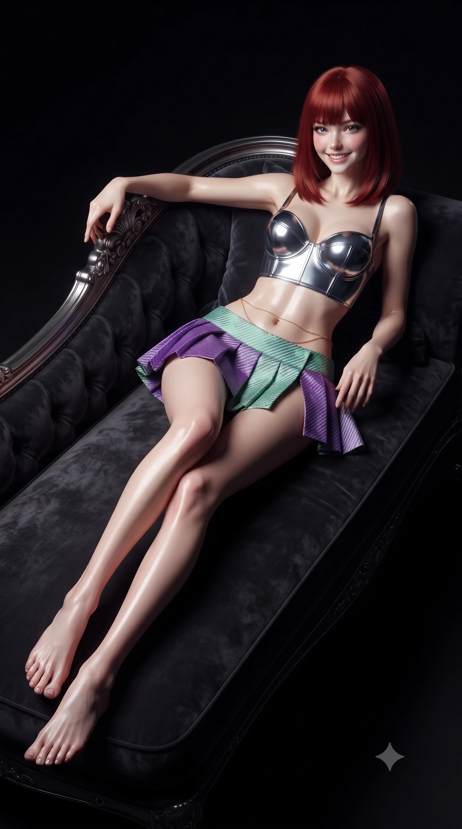 score_9, masterpiece, best quality, ultra-detailed, high-budget anime keyframe, editorial fashion photography, tasteful artistic composition, Caucasian woman. low angle full-body shot from head to toe showing her feet, filling the entire 9:16 vertical frame with her statuesque presence, stretching her vertical silhouette. reclining gracefully across the plush chaise lounge with one leg extended, her sculpted silhouette and flat midriff radiating magnetic nocturnal glamour while twisting her slender torso in an alluring contrapposto stance, ultra-bright specular highlights sculpting the line of her narrow waist and curvy hips against the black void. The surrounding environment is rendered in vivid detail and crisp panoramic clarity: detailed haute-couture tailoring, rich fabric weave, and extreme high-contrast theatrical lighting in razor-sharp precision. She has an exceptionally tall and slender model-like 8.5-heads proportion, an ultra-slim waist, a flat toned midriff, narrow delicate ribcage, and beautifully sculpted feminine hips creating a graceful, slim hourglass silhouette without any bulky heaviness, with impossibly long slender legs. sharp v-shaped jawline, high-bridge nose, intricate jewel-like sparkling eyes with depth, thick eyelashes, glossy parted lips with a natural peach sheen, bright cheerful beaming smile with an enchanting and coquettish sensual glint, exuding both youthful cute charm and seductive allure, flawlessly proportioned anatomical accuracy, strict slender model proportions, natural body alignment, perfectly sculpted long slender limbs, ultra-slim waistline, clean dynamic posture without body distortion. wearing a chrome-plated structured underwire bustier top paired with an ultra-short low-rise pleated micro mini skirt in phosphorescent ultraviolet amethyst and mint green, woven from structured carbon-fiber jacquard with rich textural depth, accented with a dainty gold belly chain resting across her flat midriff and curving hips, the high-slit wrap tailoring accentuating her ultra-slim waistline and the enchanting curve of her feminine hips with alluring seductive charm. bathed in an intense solitary 6000K theatrical follow-spot contrasted with total velvety obsidian shadow. ultra-reflective glossy finish, specular highlights, rich textural contrasts, high-contrast stereoscopic depth, volumetric dynamic lighting, 2k, ultra detail, master piece, 9:16 ratio