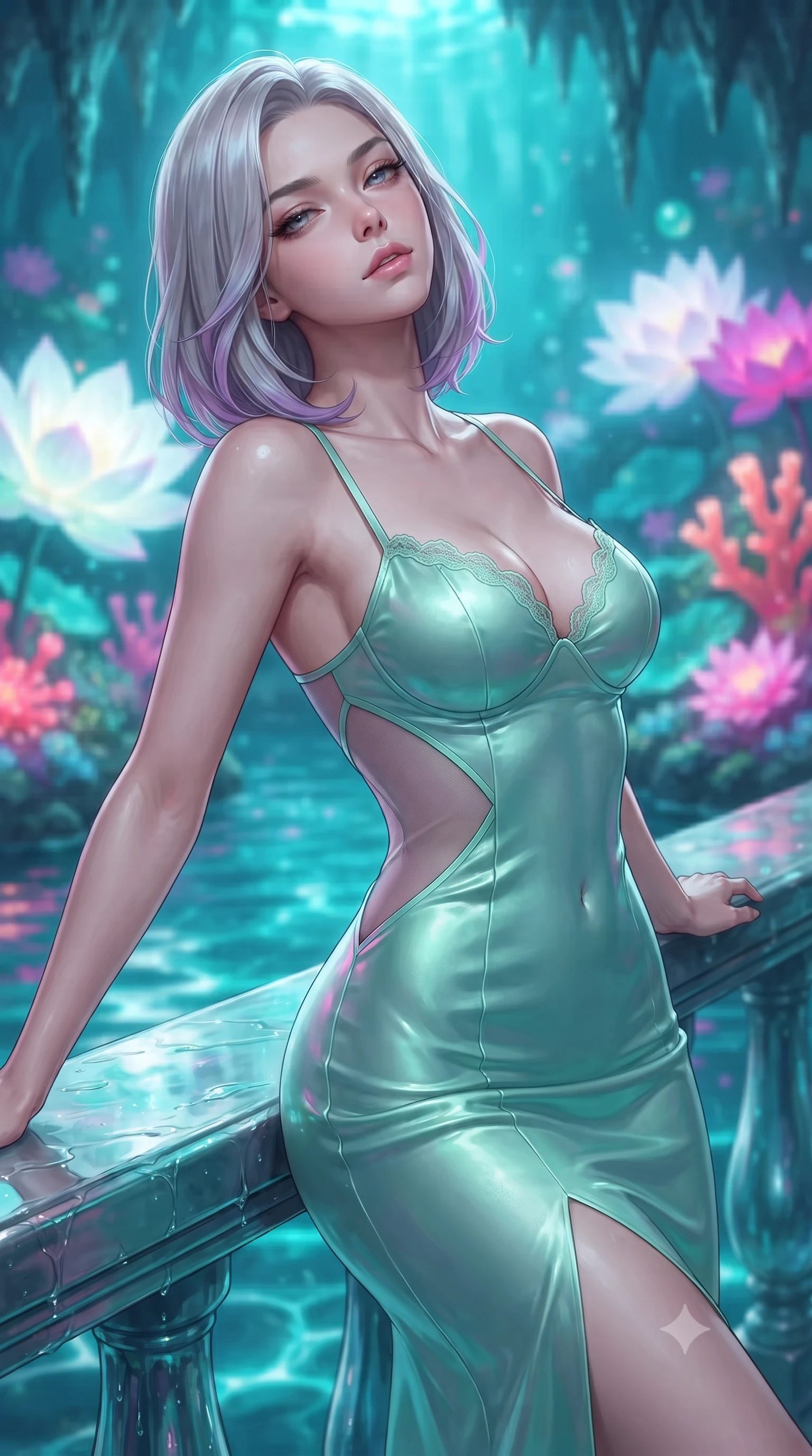 score_9, masterpiece, best quality, ultra-detailed, high-budget anime keyframe, editorial fashion photography, tasteful artistic composition, Caucasian woman. close-up cowboy shot from the waist and thighs up, the character dominates the composition, filling the frame with her large presence. leaning back against the balustrade with relaxed seductive grace, head tilted back slightly while casting a hypnotic, heavy-lidded gaze while twisting her slender torso in an alluring contrapposto stance, fluorescent turquoise water currents and pink lotus glows playing across her narrow waist and curvy hips. The background shows a soft-focus giant glowing white and magenta lotus blossoms, pulsing fluorescent coral polyps, and stalactite ceiling blurred into turquoise, coral, and emerald bokeh. She has an exceptionally elegant, slender, and willowy female figure with an ultra-slim waist, flat toned midriff, narrow ribcage, and sculpted feminine hips creating an alluring, slim hourglass silhouette without bulk. sharp v-shaped jawline, high-bridge nose, intricate jewel-like sparkling eyes with depth, thick eyelashes, glossy parted lips with a natural peach sheen, bright cheerful beaming smile with an enchanting and coquettish sensual glint, exuding both youthful cute charm and seductive allure, flawlessly proportioned anatomical accuracy, strict slender model proportions, natural body alignment, perfectly sculpted long slender limbs, ultra-slim waistline, clean dynamic posture without body distortion. wearing an alluring plunging sweetheart bodice dress with sheer mesh side-waist cutouts contouring her ribs in phosphorescent ultraviolet amethyst and mint green, crafted from fluid liquid silk satin that clings smoothly to her narrow waist and rounded hips with a dewy sheen, finished with scalloped eyelash lace trim framing her sweetheart neckline with intimate elegance, the second-skin tailored fabric adhering flawlessly to her sculpted flat midriff and slender torso, emphasizing her long leg lines and perfectly proportioned willowy build. illuminated by water caustics bounce and sharp aquamarine-pink rim lights defining her razor-sharp jawline, narrow waist, and curvy hips. ultra-reflective glossy finish, specular highlights, rich textural contrasts, high-contrast stereoscopic depth, volumetric dynamic lighting, 2k, ultra detail, master piece, 9:16 ratio