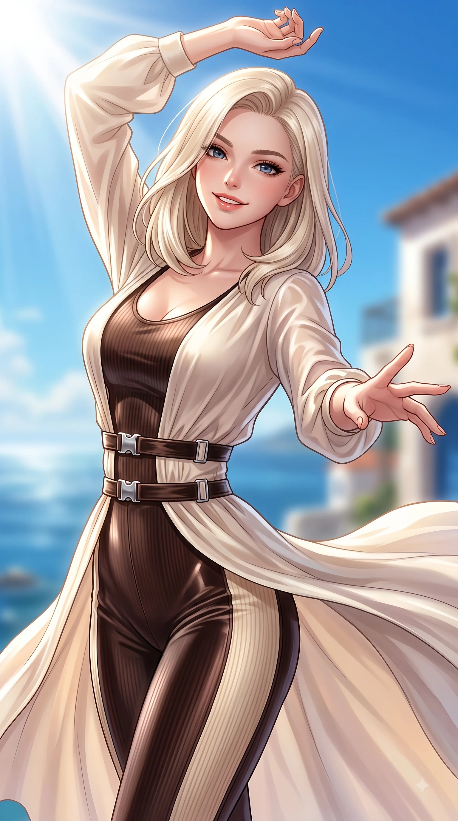 score_9, masterpiece, best quality, ultra-detailed, high-budget anime keyframe, editorial fashion photography, tasteful artistic composition, Caucasian woman. close-up cowboy shot from the waist and thighs up, the character dominates the composition, filling the frame with her large presence, background elements kept in soft focus. Extending one arm in an elegant stretch toward the sun while smiling with vibrant, magnetic self-assurance while reaching her arm out toward the ocean breeze while looking back with a warm delightful smile, fresh sea breezes swaying her lightweight resort gown into fluid, uplifting motions. She has an exceptionally elegant, slender, and willowy female figure with an ultra-slim waist, a gracefully sculpted slender torso, and a refined silhouette. sharp v-shaped jawline, high-bridge nose, intricate jewel-like eyes with depth, thick eyelashes, glossy lips with a natural sheen, flawlessly proportioned anatomical accuracy, natural body alignment, perfectly sculpted elegant limbs, clean dynamic posture without body distortion. wearing a form-fitting ribbed activewear set with elegant collar cutouts in espresso brown and warm cream, made of premium stretch velvet with a rich sheen, detailed with polished silver buckles along the waistline, the form-contouring material highlighting her ultra-slim waist and long lines. bathed in bright white Mediterranean sunbeams and deep blue sky refractions. ultra-reflective glossy finish, specular highlights, metallic sheen, high-contrast stereoscopic depth, volumetric dynamic lighting, 2k, ultra detail, master piece, 9:16 ratio