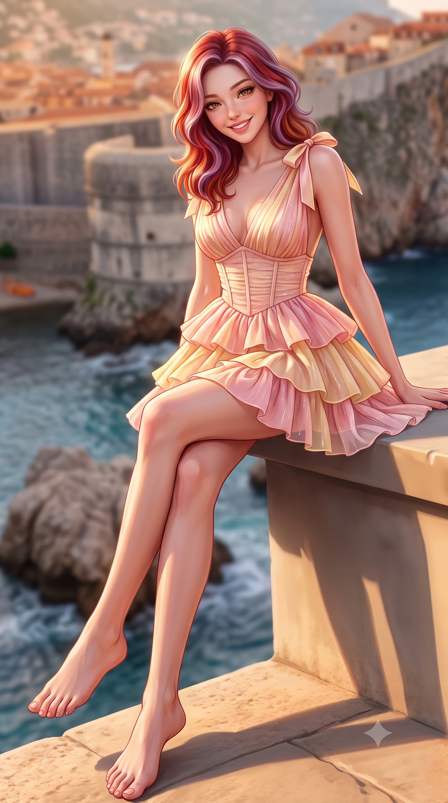 score_9, masterpiece, best quality, ultra-detailed, high-budget anime keyframe, semi-realistic 3D game render, editorial fashion photography, tasteful artistic composition, Caucasian woman. low angle full-body shot from head to toe showing her feet, filling the entire 9:16 vertical frame with her statuesque presence, stretching her vertical silhouette. sitting perched on the elevated stone edge with legs crossed and hips angled toward the camera, displaying her toned midriff and long slender limbs with joyful, coquettish charm while twisting her slender torso in an alluring S-curve as gentle Adriatic waves lap the shore, her breezy resort wear hugging her narrow waist. The composition keeps background elements in soft focus with dreamy creamy bokeh. the massive stone ramparts of Dubrovnik Old Town and the tranquil Adriatic sea blurred into rich apricot, stone gray, and sapphire bokeh. She has an exceptionally tall and slender model-like 8.5-heads proportion, an ultra-slim waist, a flat toned midriff, narrow delicate ribcage, and beautifully sculpted feminine hips creating a graceful, slim hourglass silhouette without any bulky heaviness, with impossibly long slender legs. sharp v-shaped jawline, high-bridge nose, sparkling amber-hazel eyes with depth, long lush eyelashes, glossy sun-kissed lips with a warm coral glaze, radiant teasing smile with sensual sunlit bedroom-eyes, exuding effortless old-money elegance and intoxicating sun-drenched allure, flawlessly proportioned anatomical accuracy, strict slender model proportions, natural body alignment, perfectly sculpted long slender limbs, ultra-slim waistline, clean dynamic posture without body distortion. wearing a tiered ruffled chiffon resort mini dress with an ultra-slim corseted waist and open back in sweet strawberry milk and warm butter yellow, woven from delicate metallic lurex thread catching the golden hour sunbeams, finished with cute satin bow ribbons tying at the shoulders, the form-fitting cut adhering flawlessly to her sculpted flat midriff and slender torso, emphasizing her long leg lines and perfectly proportioned willowy build. bathed in warm Adriatic golden hour rays casting long dramatic shadows. highly saturated vibrant anime colors, detailed shading with soft gradients, rich glossy textures, high-contrast stereoscopic depth, volumetric dynamic lighting, master piece, 9:16 ratio