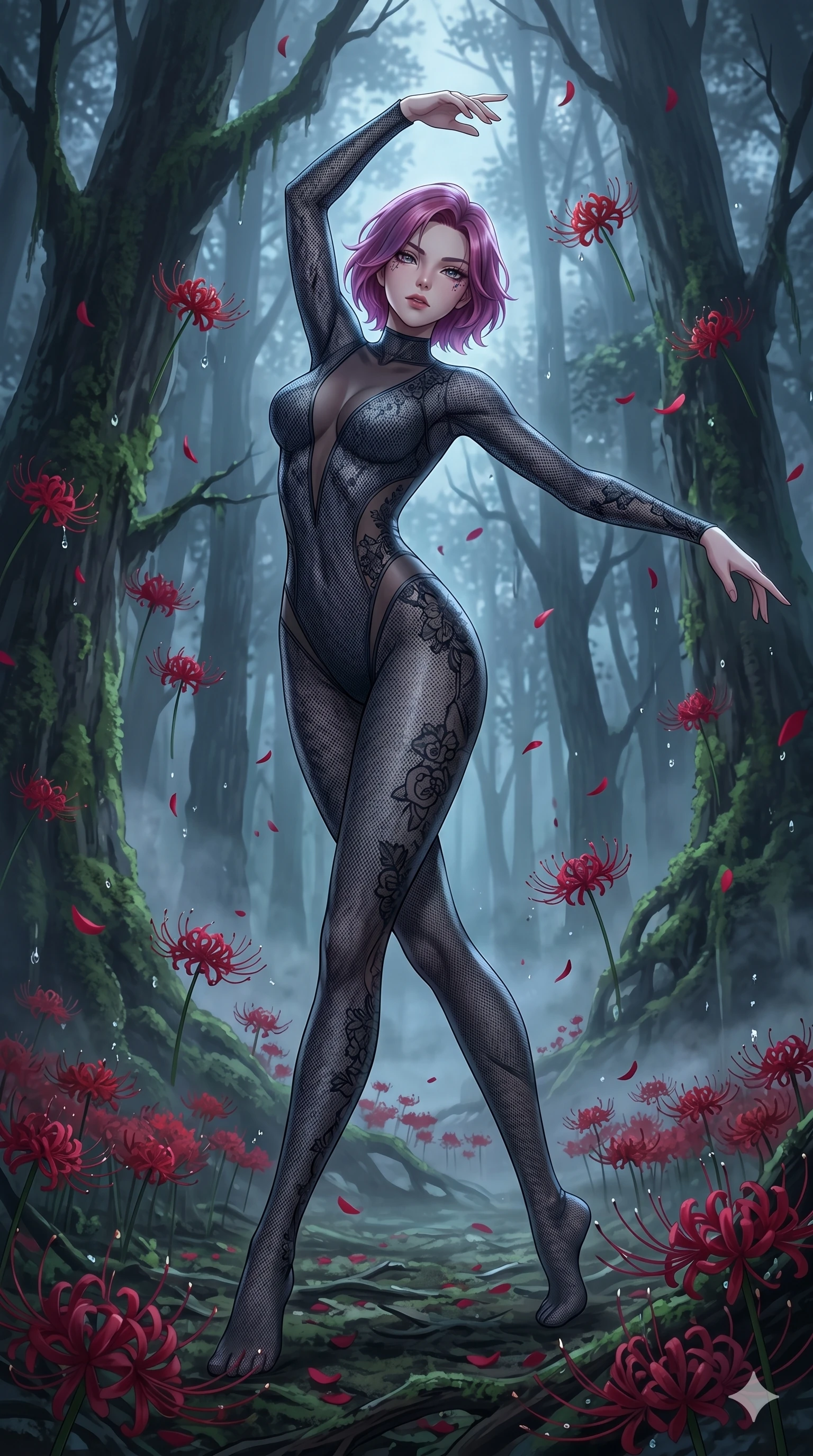 score_9, masterpiece, best quality, ultra-detailed, High-budget Anime Keyframe, East Asian woman. Low angle cowboy shot filling the entire 9:16 frame with her statuesque presence. Scenario 125: Dancing amidst falling red spider lilies in a misty dark forest. Her presence is magnetic and overpowering in this high-budget anime scene. Outfit 125: A micro-mesh lace bare with a sheer panels and tight-fitting silhouette. The clothing is designed to emphasize her exceptionally tall and slender 8-heads proportion. 8-heads proportion, towering silhouette, ultra-slim waist. sharp v-shaped jawline, intricate jewel-like eyes with depth, thick eyelashes, glossy lips. 2k, ultra detail, master piece, 9:16 ratio