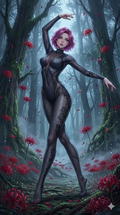 score_9, masterpiece, best quality, ultra-detailed, High-budget Anime Keyframe, East Asian woman. Low angle cowboy shot filling the entire 9:16 frame with her statuesque presence. Scenario 125: Dancing amidst falling red spider lilies in a misty dark