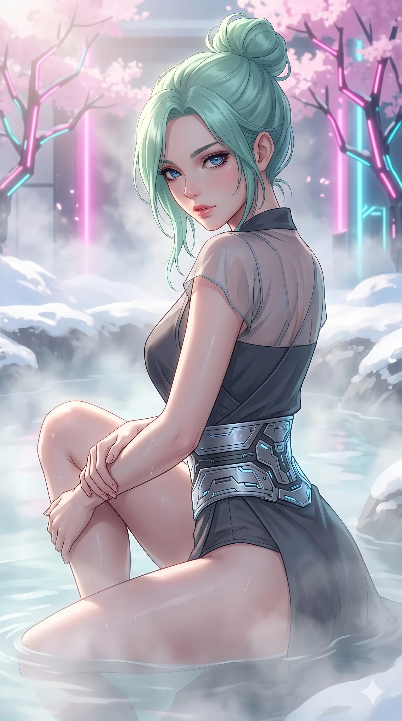 score_9, masterpiece, best quality, ultra-detailed, high-budget anime keyframe, Japanese woman. Upper body close-up from the thighs up, character filling the screen for maximum presence. She is relaxing in a futuristic geothermal hot spring surrounded by snow and neon cherry trees. She wraps her arms around her knees, looking over her shoulder with bedroom eyes. She has an absolutely perfect 8-heads proportion, an exceptionally tall and slender female figure with impossibly long slender legs and an ultra-slim waist. V-shaped jawline, high-bridge nose, intricate jewel-like eyes with depth, thick eyelashes, glossy lips with a natural sheen. She is wearing a shortened cyber-fusion wrap top with transparent chiffon panels, a deep crossover neckline, and a high-waisted metallic sash that accentuates her ultra-slim waist. The scene is bathed in soft morning sun filtering through dense steam and a sharp pink neon key light. 2k, ultra detail, master piece, 9:16 ratio