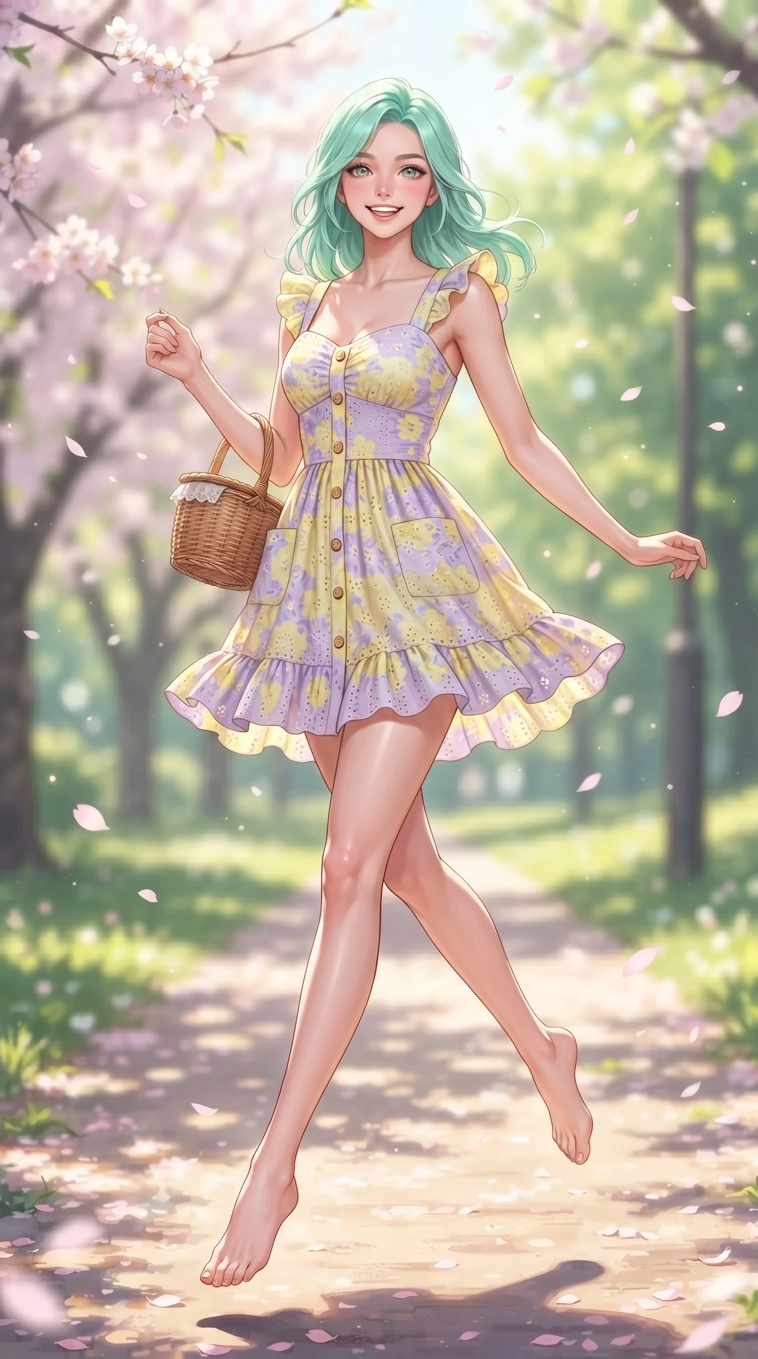 score_9, masterpiece, best quality, ultra-detailed, high-budget anime keyframe, editorial fashion photography, tasteful artistic composition, Japanese woman. low angle full-body shot from head to toe showing her feet, filling the entire 9:16 vertical frame with her statuesque presence, stretching her vertical silhouette. leaping with pure youthful energy through the scene with a radiant bright smile, her long slender legs balanced gracefully while stepping along a sun-drenched park trail carrying a wicker basket with fresh youthful charm. The composition keeps background elements in soft focus with dreamy bokeh. fluttering sakura petals and sunlit park pathways softened in romantic background blur. She has an absolutely perfect, statuesque 8.5-heads proportion, an exceptionally tall and slender model-like female figure with impossibly long slender legs and an ultra-slim waist. sharp v-shaped jawline, high-bridge nose, intricate jewel-like eyes with depth, thick eyelashes, glossy lips with a natural sheen, flawlessly proportioned anatomical accuracy, natural body alignment, perfectly sculpted elegant limbs, clean dynamic posture without body distortion. wearing a bright floral print ruffle sundress with a gentle sweetheart neckline in soft lemon yellow and lavender violet, woven with delicate eyelet lace and soft cotton, finished with neat front wooden buttons and pocket details, the chic real-way fashion cut emphasizing her effortless charm. surrounded by a fresh, sweet, and nostalgic spring park atmosphere. ultra-reflective glossy finish, specular highlights, metallic sheen, high-contrast stereoscopic depth, volumetric dynamic lighting, 2k, ultra detail, master piece, 9:16 ratio