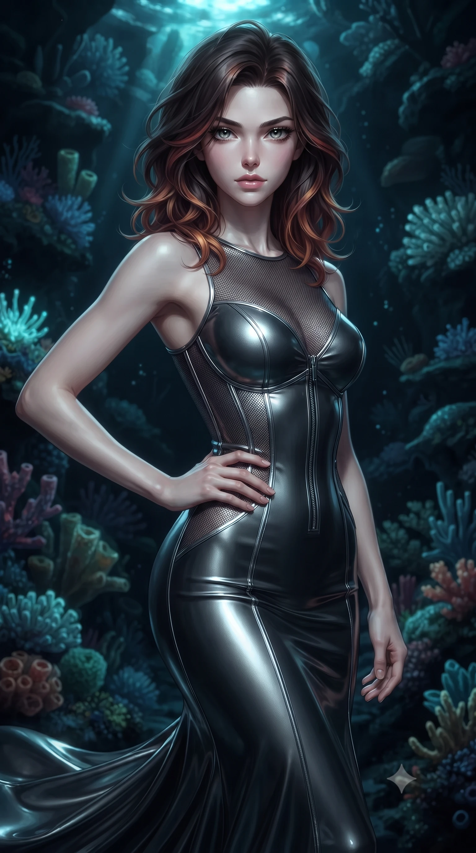 score_9, masterpiece, best quality, ultra-detailed, high-budget anime keyframe, editorial fashion photography, tasteful artistic composition, Korean woman. close-up cowboy shot from the waist and thighs up, the character dominates the composition, filling the frame with her large presence, background elements kept in soft focus. Holding a confident power pose with one hand on her hip, floating through a pitch-black abyssal underwater trench filled with bioluminescent coral, fluid movement of her dark outfit trailing in deep ocean currents. She has an exceptionally elegant, slender, and willowy female figure with an ultra-slim waist, a gracefully sculpted slender torso, and a refined silhouette. sharp v-shaped jawline, high-bridge nose, intricate jewel-like eyes with depth, thick eyelashes, glossy lips with a natural sheen. wearing precision-fitted bodycon dress in high-gloss liquid vinyl in metallic dark silver, made of fine dark contouring mesh, finished with metallic silver boning and sleek zipper points, following her slender form with tailored precision. bathed in shimmering aqua caustic light and pitch-black abyssal shadows. ultra-reflective glossy finish, specular highlights, metallic sheen, high-contrast stereoscopic depth, volumetric dynamic lighting, 2k, ultra detail, master piece, 9:16 ratio
