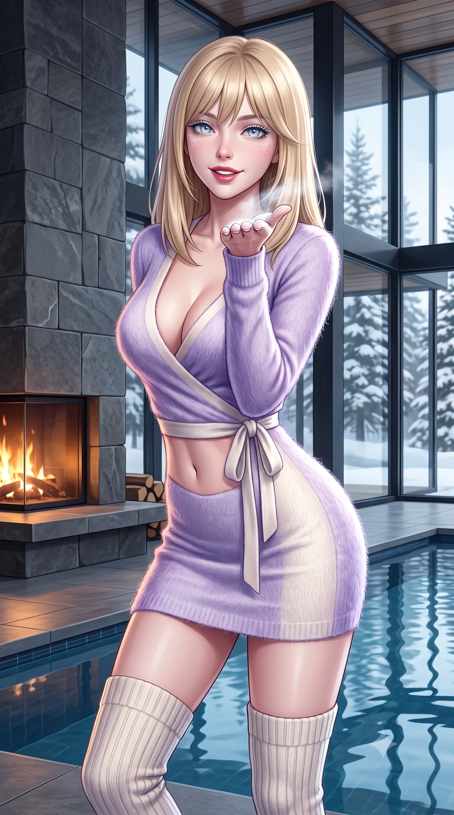 score_9, masterpiece, best quality, ultra-detailed, high-budget anime keyframe, semi-realistic 3D game render, editorial fashion photography, tasteful artistic composition, Japanese woman. close-up cowboy shot from the waist and thighs up, the character dominates the composition, filling the frame with her large presence. playfully blowing a wisp of frost toward the lens, her radiant smile capturing fresh girlhood charm while her arched torso reveals an intoxicating hip contour while twisting her slender torso in an alluring contrapposto stance beside minimalist stone fireplaces, her sleek resort wear tracing her hourglass curves. The surrounding environment is rendered in vivid detail and crisp panoramic clarity. sharp dark basalt stone tile joints, architectural glass reflections, and calm lap pool water surface tension in deep focus. She has an exceptionally elegant, slender, and willowy female figure with an ultra-slim waist, flat toned midriff, narrow ribcage, and sculpted feminine hips creating an alluring, slim hourglass silhouette without bulk. sharp v-shaped jawline, high-bridge nose, sparkling ice-crystal eyes with depth, frosty thick lashes, glossy parted lips with a rosy berry sheen, bright playful smile with an intoxicating seductive glint, rosy flushed cheeks radiating cozy warmth and dangerous allure, flawlessly proportioned anatomical accuracy, strict slender model proportions, natural body alignment, perfectly sculpted long slender limbs, ultra-slim waistline, clean dynamic posture without body distortion. wearing a deep V-neck cashmere wrap mini dress with a tie-waist accentuating her flat midriff and hips in frosty lilac violet and pearlescent ivory, tailored from plush brushed mohair with delicate fuzzy halo texture, complemented by cozy ribbed wool knee-high leg warmers accentuating her slender legs, the form-fitting cut adhering flawlessly to her sculpted flat midriff and slender torso, emphasizing her long leg lines and perfectly proportioned willowy build. bathed in warm ambient linear fireplace glows and soft winter daylight filtering through grand glass walls. highly saturated vibrant anime colors, detailed shading with soft gradients, rich glossy textures, high-contrast stereoscopic depth, volumetric dynamic lighting, master piece, 9:16 ratio