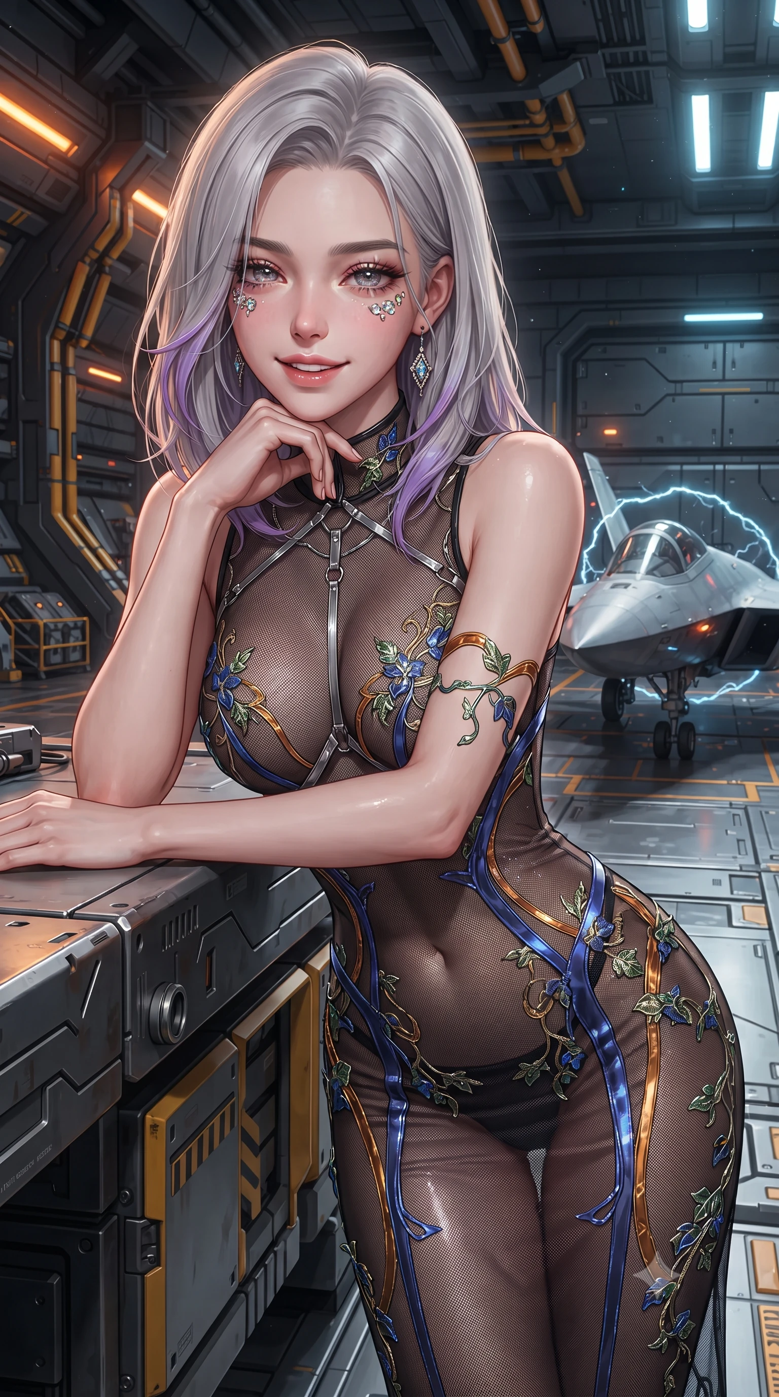 score_9, masterpiece, best quality, ultra-detailed, high-budget anime keyframe, editorial fashion photography, tasteful artistic composition, Caucasian woman. close-up cowboy shot from the waist and thighs up, the character dominates the composition, filling the frame with her large presence. resting one elbow on the table and supporting her chin, leaning close to the camera with heavy-lidded sparkling eyes and parted lips while twisting her slender torso in an alluring S-curve beside the parked interceptor fighter, charging magnetic field arcs highlighting her flat midriff and hourglass curves. The surrounding environment is rendered in vivid detail and crisp panoramic clarity: sharp heavy-duty industrial titanium deck plates, yellow magnetic warning conduits, and crisp interlocking armor panels in deep focus. She has an exceptionally elegant, slender, and willowy female figure with an ultra-slim waist, flat toned midriff, narrow ribcage, and sculpted feminine hips creating an alluring, slim hourglass silhouette without bulk. sharp v-shaped jawline, high-bridge nose, intricate jewel-like sparkling eyes with depth, thick eyelashes, glossy parted lips with a natural peach sheen, bright cheerful beaming smile with an enchanting and coquettish sensual glint, exuding both youthful cute charm and seductive allure, flawlessly proportioned anatomical accuracy, strict slender model proportions, natural body alignment, perfectly sculpted long slender limbs, ultra-slim waistline, clean dynamic posture without body distortion. wearing a provocative sheer noir illusion mesh combat dress with embroidered climbing metallic ivy ribbons contouring her curves in Jovian storm amber and electric cobalt, crafted from translucent silk organza with an ethereal crystalline sheen, accented with a chrome-drop body harness subtly framing her dewy collarbones and spine, the impeccably tailored cut draping gracefully along her slender figure with aristocratic poise. bathed in high-voltage orange runway guide strobes contrasted with cold electric-cyan magnetic coil pulses. ultra-reflective glossy finish, specular highlights, rich textural contrasts, high-contrast stereoscopic depth, volumetric dynamic lighting, 2k, ultra detail, master piece, 9:16 ratio