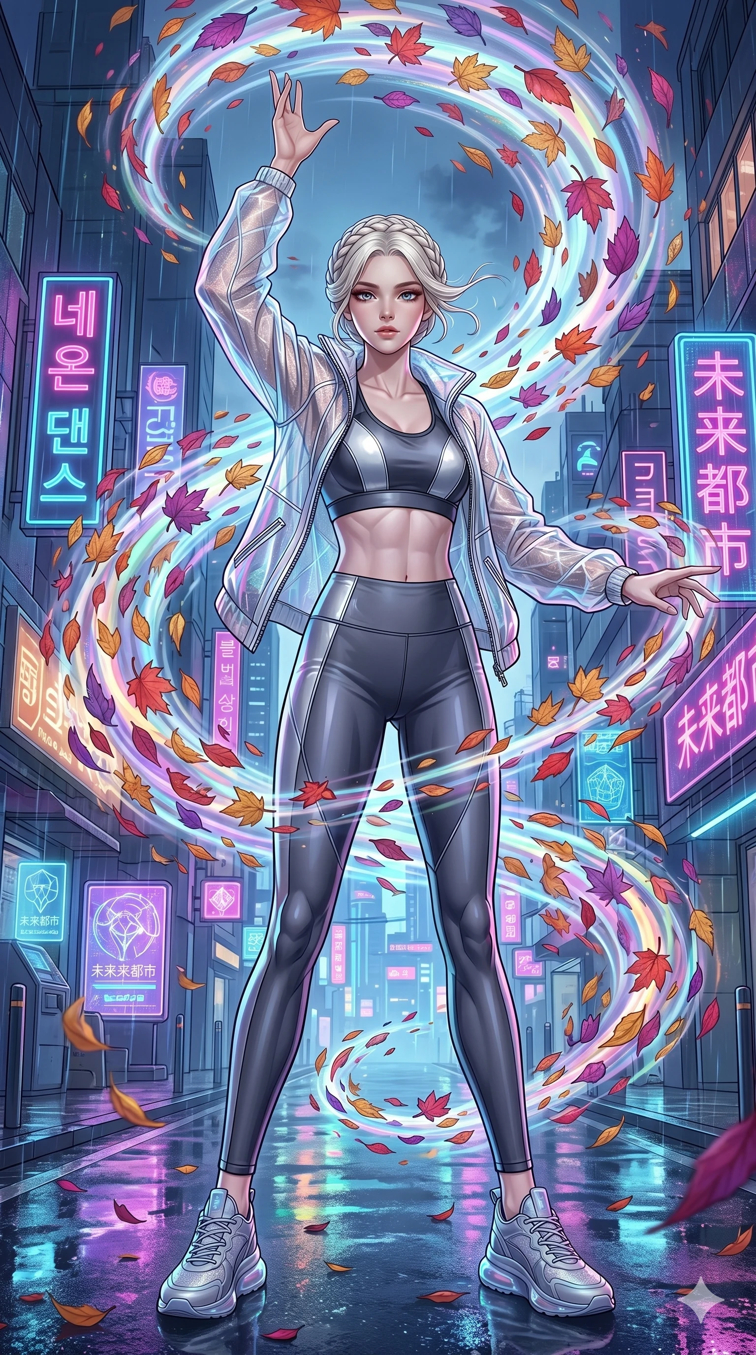score_9, masterpiece, best quality, ultra-detailed, Set C: High-budget Anime Keyframe, Korean woman. Low angle cowboy shot filling the entire 9:16 frame with her statuesque presence. Summoning a vortex of colorful leaves in a futuristic Tokyo street. She has an absolutely perfect 8-heads proportion, an exceptionally tall and slender female figure with elegant long slender legs and an slender waist. Sharp v-shaped jawline, high-bridge nose, intricate jewel-like eyes with depth, thick eyelashes, glossy lips. Wearing a Premium Athleisure outfit: sleek activewear with a sheer windbreaker and athletic midsection. Background is a bright and colorful city street with vibrant neon, rain reflections, and swirling fall foliage. 2k, ultra detail, master piece, 9:16 ratio