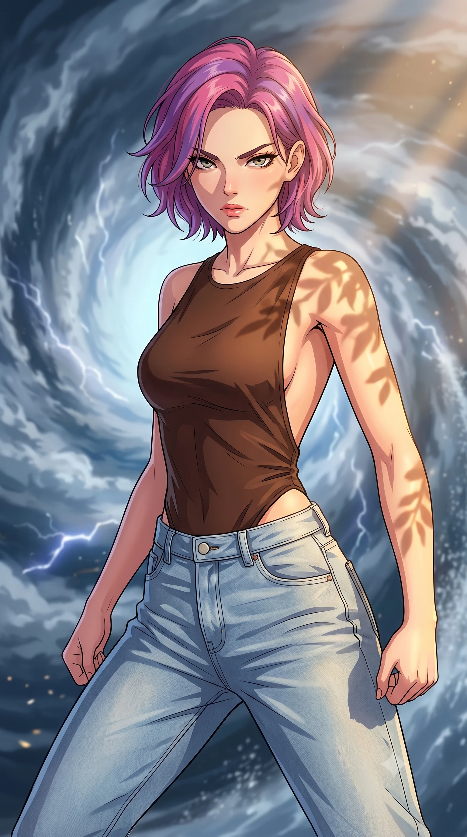 score_9, masterpiece, best quality, ultra-detailed, high-budget anime keyframe, clean line-art, cel-shading, Caucasian woman, strictly human ears. close-up cowboy shot from the waist and thighs up, the character dominates the composition, filling the frame with her large presence, background elements kept in soft focus. Standing in a low, ready combat stance, eyes narrowed in sharp concentration. set against a soft-focus background of the calm but electrified center of a massive typhoon, surrounded by a towering wall of dark spinning clouds and water spray. She has an exceptionally elegant and slender, willowy female figure with an ultra-slim waist, a gracefully sculpted slender torso, and a refined slim physique. sharp v-shaped jawline, high-bridge nose, intricate jewel-like eyes with depth, thick eyelashes, glossy lips with a natural sheen. wearing the lightweight fabric rippling and billowing dramatically with her movement, a tailored chocolate brown bodysuit with an open back, paired with high-waisted light-wash boyfriend jeans. warm golden afternoon sunbeams casting soft organic leaf shadows across her skin. highly saturated vibrant anime colors, intense vivid color palette, volumetric dynamic lighting, 2k, ultra detail, master piece, 9:16 ratio