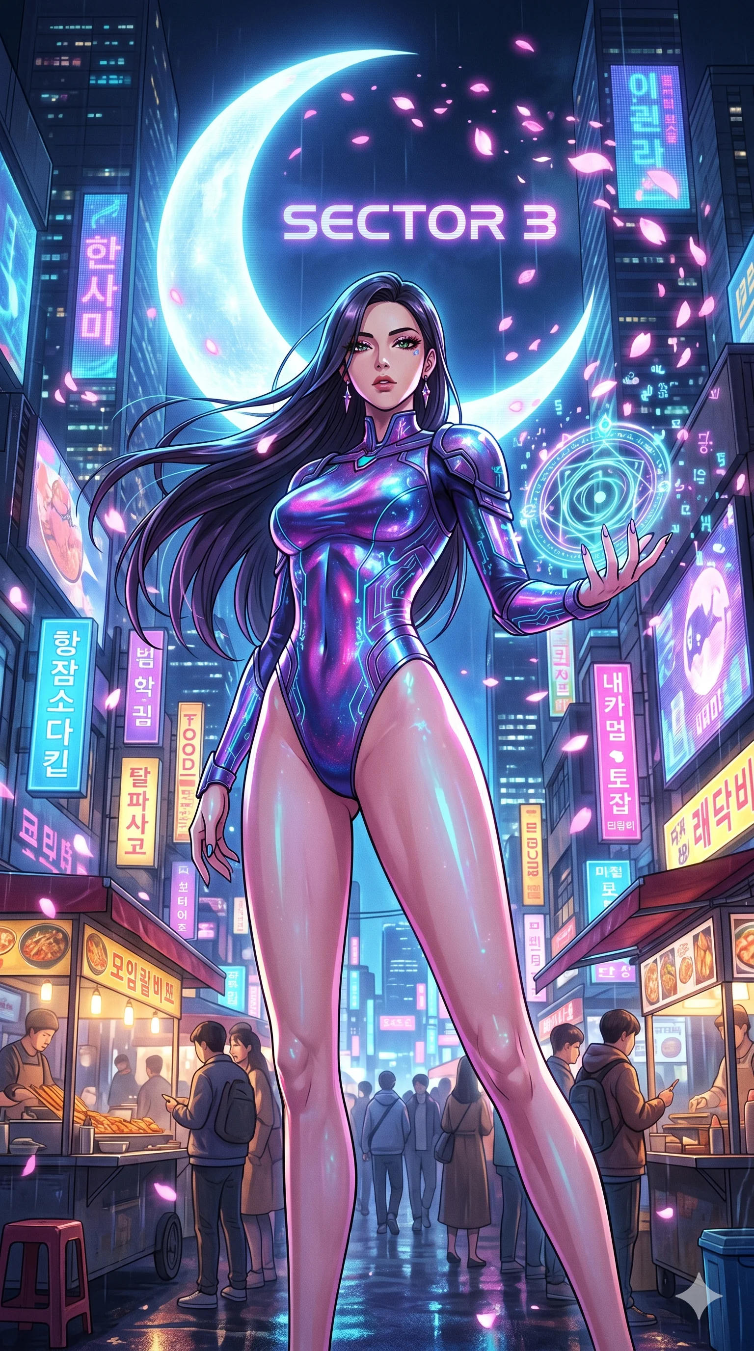 score_9, masterpiece, best quality, ultra-detailed, Set A: High-budget Anime Keyframe, Korean woman. Low angle cowboy shot filling the entire 9:16 frame with her statuesque presence. Casting a spell through a neon-lit Neo-Seoul market, with a massive holographic moon rising behind her marked as sector 3 and surrounded by digital sakura petals. She has an absolutely perfect 8-heads proportion, an exceptionally tall and slender female figure with impossibly long slender legs and an ultra-slim waist. Sharp v-shaped jawline, high-bridge nose, intricate jewel-like eyes with depth, thick eyelashes, glossy lips with a natural sheen. Wearing High-cut bodysuit made of liquid-crystal fabric that changes color with movement. Cinematic lighting, vibrant colors, dramatic shadows, 2k, ultra detail, master piece, 9:16 ratio