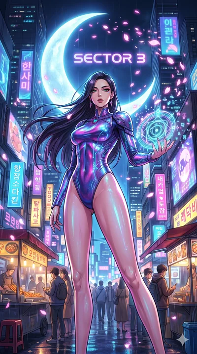 score_9, masterpiece, best quality, ultra-detailed, Set A: High-budget Anime Keyframe, Korean woman. Low angle cowboy shot filling the entire 9:16 frame with her statuesque presence. Casting a spell through a neon-lit Neo-Seoul market, with a massive