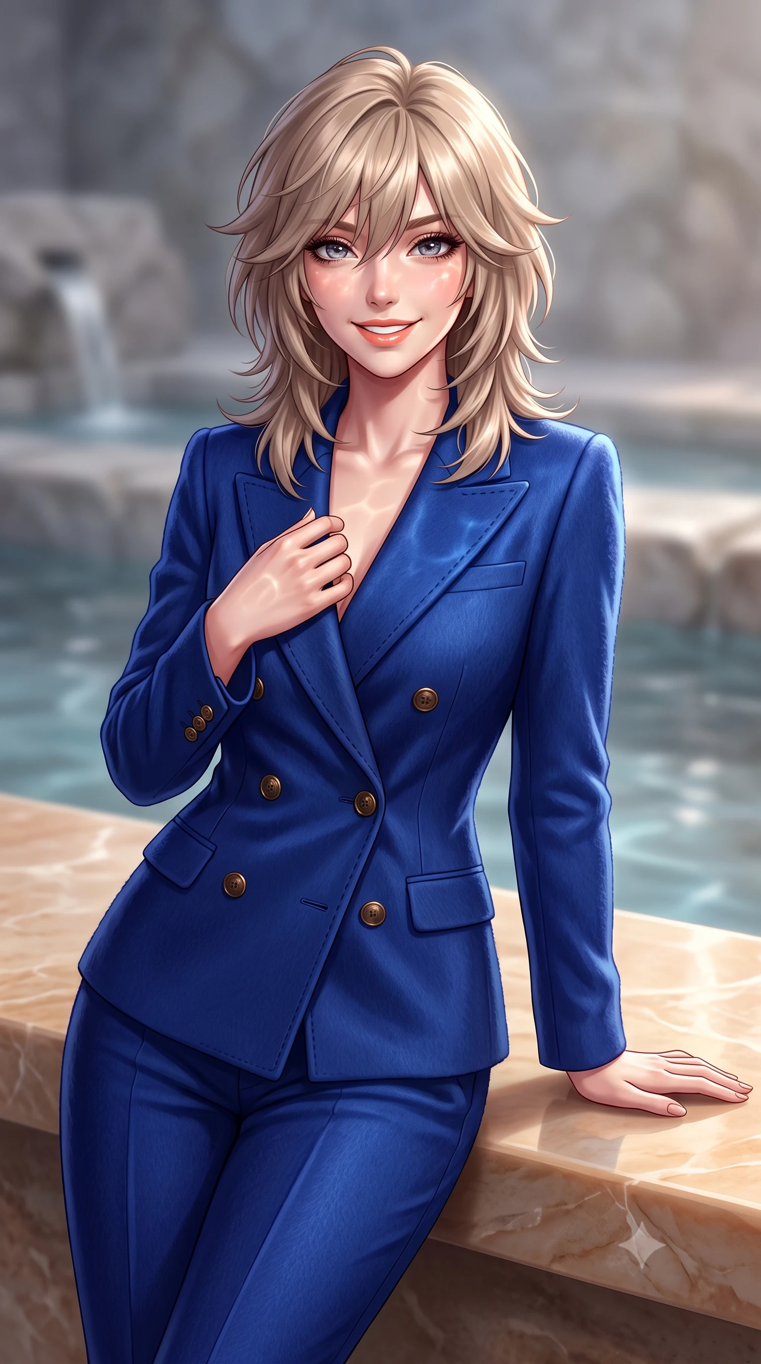 score_9, masterpiece, best quality, ultra-detailed, high-budget anime keyframe, semi-realistic 3D game render, editorial fashion photography, tasteful artistic composition, Japanese woman. close-up cowboy shot from the waist and thighs up, the character dominates the composition, filling the frame with her large presence. resting one hand gracefully on her tailored blazer lapel while looking into the camera with bright, sparkling eyes while leaning against a smooth heated marble bench, resting one hand on the warm stone with effortless wellness-model grace. The background shows a soft-focus minimalist stone water features softened in peaceful Swiss alpine wellness sanctuary shallow focus. She has an exceptionally elegant, slender, and willowy female figure with an ultra-slim waist, flat toned midriff, narrow ribcage, and sculpted feminine hips creating an alluring, slim hourglass silhouette without bulk. sharp v-shaped jawline, high-bridge nose, intricate jewel-like sparkling eyes with depth, thick eyelashes, glossy parted lips with a natural peach sheen, bright cheerful beaming smile with an enchanting and coquettish sensual glint, exuding both youthful cute charm and seductive allure, flawlessly proportioned anatomical accuracy, strict slender model proportions, natural body alignment, perfectly sculpted long slender limbs, ultra-slim waistline, clean dynamic posture without body distortion. wearing a refined double-breasted wool gabardine pantsuit with clean minimalist tailoring and a concealed placket in royal sapphire blue and antique brushed bronze, woven from plush alpaca yarn with a cloud-like fuzzy texture and soft halo, featuring delicate tonal horn buttons and meticulous hand-stitched pick-lapel borders, the precision-cut high-waisted tailoring accentuating her ultra-slim waist and long slender leg line with immaculate aristocratic poise. illuminated by thermal pool surface caustics and soft pearlescent rim lights accentuating her sharp jawline and slender hourglass silhouette. highly saturated vibrant anime colors, detailed shading with soft gradients, rich glossy textures, high-contrast stereoscopic depth, volumetric dynamic lighting, master piece, 9:16 ratio