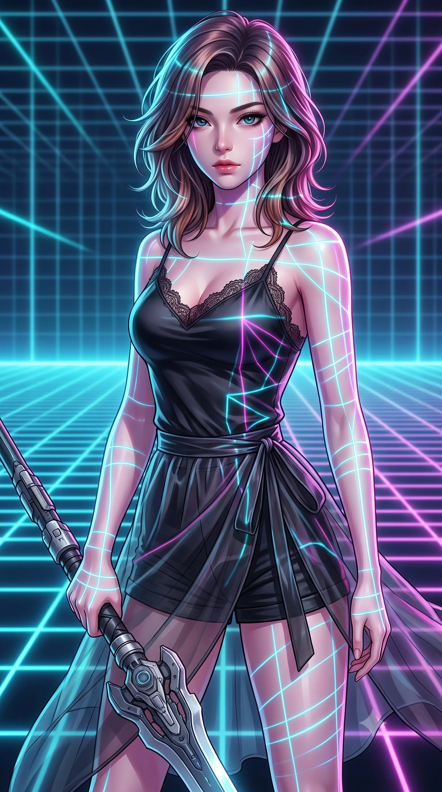score_9, masterpiece, best quality, ultra-detailed, high-budget anime keyframe, editorial fashion photography, tasteful artistic composition, Korean woman. close-up cowboy shot from the waist and thighs up, the character dominates the composition, filling the frame with her large presence, background elements kept in soft focus. holding a deactivated nanotech glaive, looking past the camera with quiet, sharp focus and a composed expression, the background shows a soft-focus a futuristic virtual training room with an infinite neon grid floor. She has an exceptionally elegant, slender, and willowy female figure with an ultra-slim waist, a gracefully sculpted slender torso, and a refined silhouette. sharp v-shaped jawline, high-bridge nose, intricate jewel-like eyes with depth, thick eyelashes, glossy lips with a natural sheen. wearing a form-contouring delicate lace-trim camisole in black silk, paired with a sheer organza wrap skirt and combat shorts. bright cyan and magenta laser lines projecting neon patterns across her form. highly saturated vibrant anime colors, detailed shading with soft gradients, rich glossy textures, high-contrast stereoscopic depth, volumetric dynamic lighting, master piece, 9:16 ratio