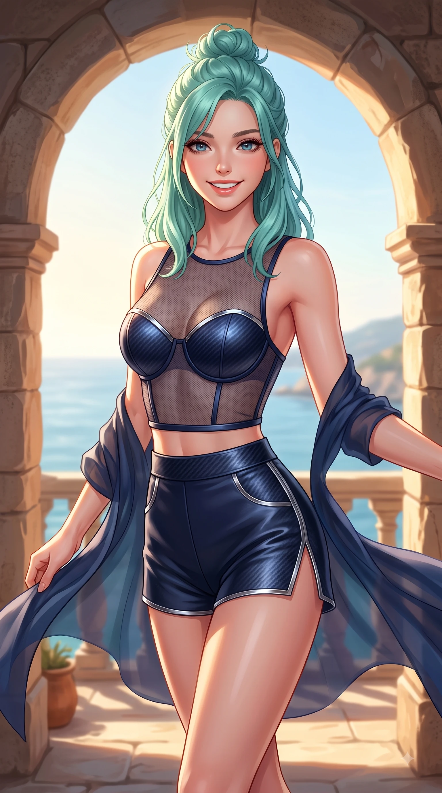 score_9, masterpiece, best quality, ultra-detailed, high-budget anime keyframe, editorial fashion photography, tasteful artistic composition, Japanese woman. close-up cowboy shot from the waist and thighs up, the character dominates the composition, filling the frame with her large presence, background elements kept in soft focus. Gazing directly into the camera with a joyful, infectious smile as her torso curves dynamically in mid-stride while resting happily on a stone archway balcony as intense Mediterranean sunlight warms her form, fresh sea breezes swaying her lightweight resort gown into fluid, uplifting motions. She has an exceptionally elegant, slender, and willowy female figure with an ultra-slim waist, a gracefully sculpted slender torso, and a refined silhouette. sharp v-shaped jawline, high-bridge nose, intricate jewel-like eyes with depth, thick eyelashes, glossy lips with a natural sheen, flawlessly proportioned anatomical accuracy, natural body alignment, perfectly sculpted elegant limbs, clean dynamic posture without body distortion. wearing a delicate see-through mesh top with structured cup boning and micro-shorts in midnight navy blue and chrome trim, made of fine carbon-fiber weave and soft matte leather, finished with a sleek side slit ascending to mid-thigh, the sleek second-skin texture accentuating her magnetic presence. illuminated by warm golden sunlight with soft terracotta ambient fill. highly saturated vibrant anime colors, detailed shading with soft gradients, rich glossy textures, high-contrast stereoscopic depth, volumetric dynamic lighting, master piece, 9:16 ratio