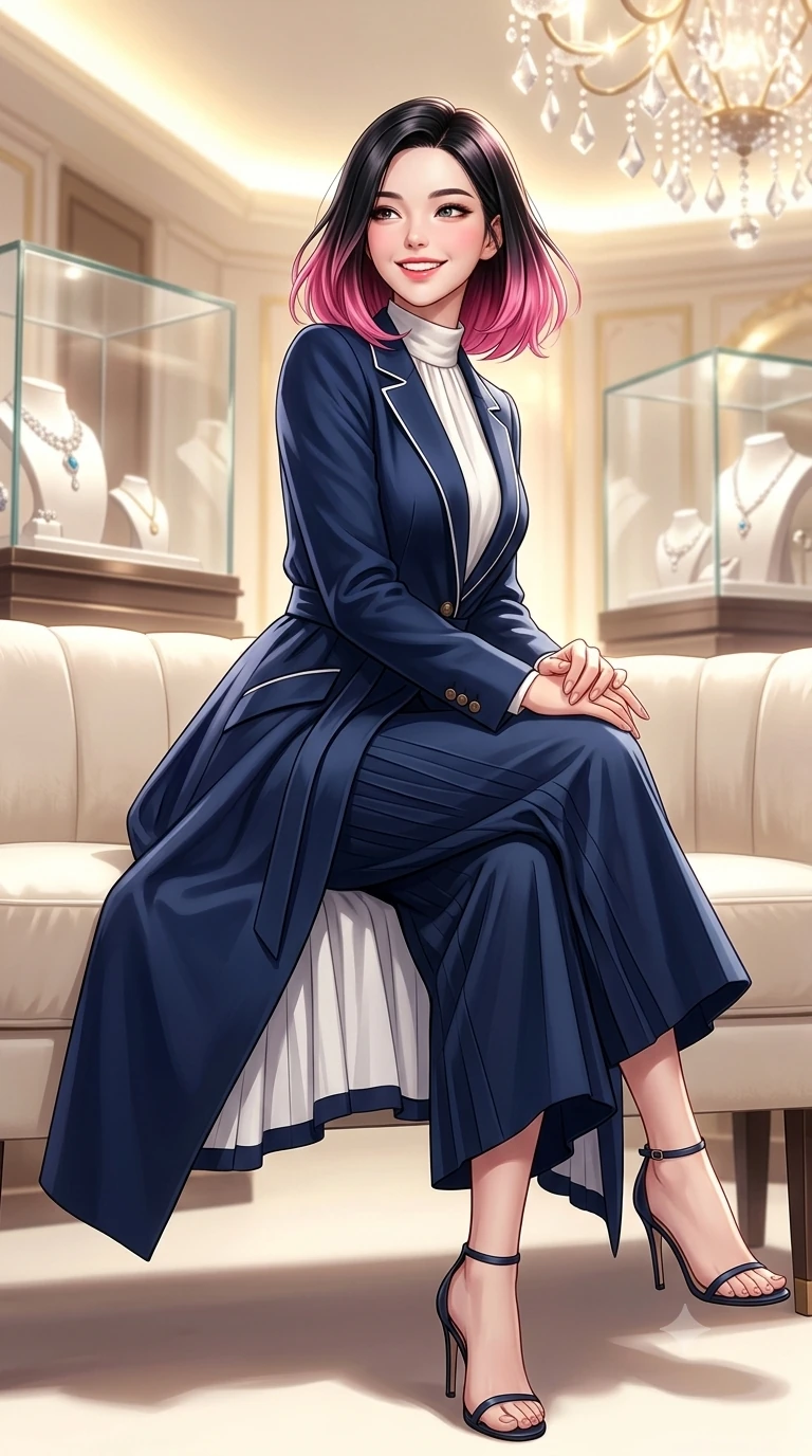 score_9, masterpiece, best quality, ultra-detailed, high-budget anime keyframe, semi-realistic 3D game render, editorial fashion photography, tasteful artistic composition, Korean woman. low angle full-body shot from head to toe showing her feet, filling the entire 9:16 vertical frame with her statuesque presence, stretching her vertical silhouette. executing an elegant pivot turn as the hem of her pleated wool skirt sways rhythmically, glancing back with joyful radiance while sitting poised on an ivory velvet banquette with hands folded neatly in her lap, exuding impeccable French haute-couture elegance. The background shows a soft-focus glass display cases with luxury jewels softened in opulent Parisian palace shallow focus. She has an exceptionally tall and slender model-like 8.5-heads proportion, an ultra-slim waist, a flat toned midriff, narrow delicate ribcage, and beautifully sculpted feminine hips creating a graceful, slim hourglass silhouette without any bulky heaviness, with impossibly long slender legs. sharp v-shaped jawline, high-bridge nose, intricate jewel-like sparkling eyes with depth, thick eyelashes, glossy parted lips with a natural peach sheen, bright cheerful beaming smile with an enchanting and coquettish sensual glint, exuding both youthful cute charm and seductive allure, flawlessly proportioned anatomical accuracy, strict slender model proportions, natural body alignment, perfectly sculpted long slender limbs, ultra-slim waistline, clean dynamic posture without body distortion. wearing a modern tailored silk-blend robe coat with minimalist sash belt layered over a high-neck blouse and wide culottes in French navy blue and crisp alabaster white, tailored from fine wool gabardine with crisp permanent pleats and sharp drape, featuring delicate tonal horn buttons and meticulous hand-stitched pick-lapel borders, the sharp shoulder tailoring and gently nipped waist framing her slender torso with pristine sartorial perfection. bathed in brilliant 3500K warm-white cove illumination and glittering multi-faceted crystal chandelier reflections. highly saturated vibrant anime colors, detailed shading with soft gradients, rich glossy textures, high-contrast stereoscopic depth, volumetric dynamic lighting, master piece, 9:16 ratio