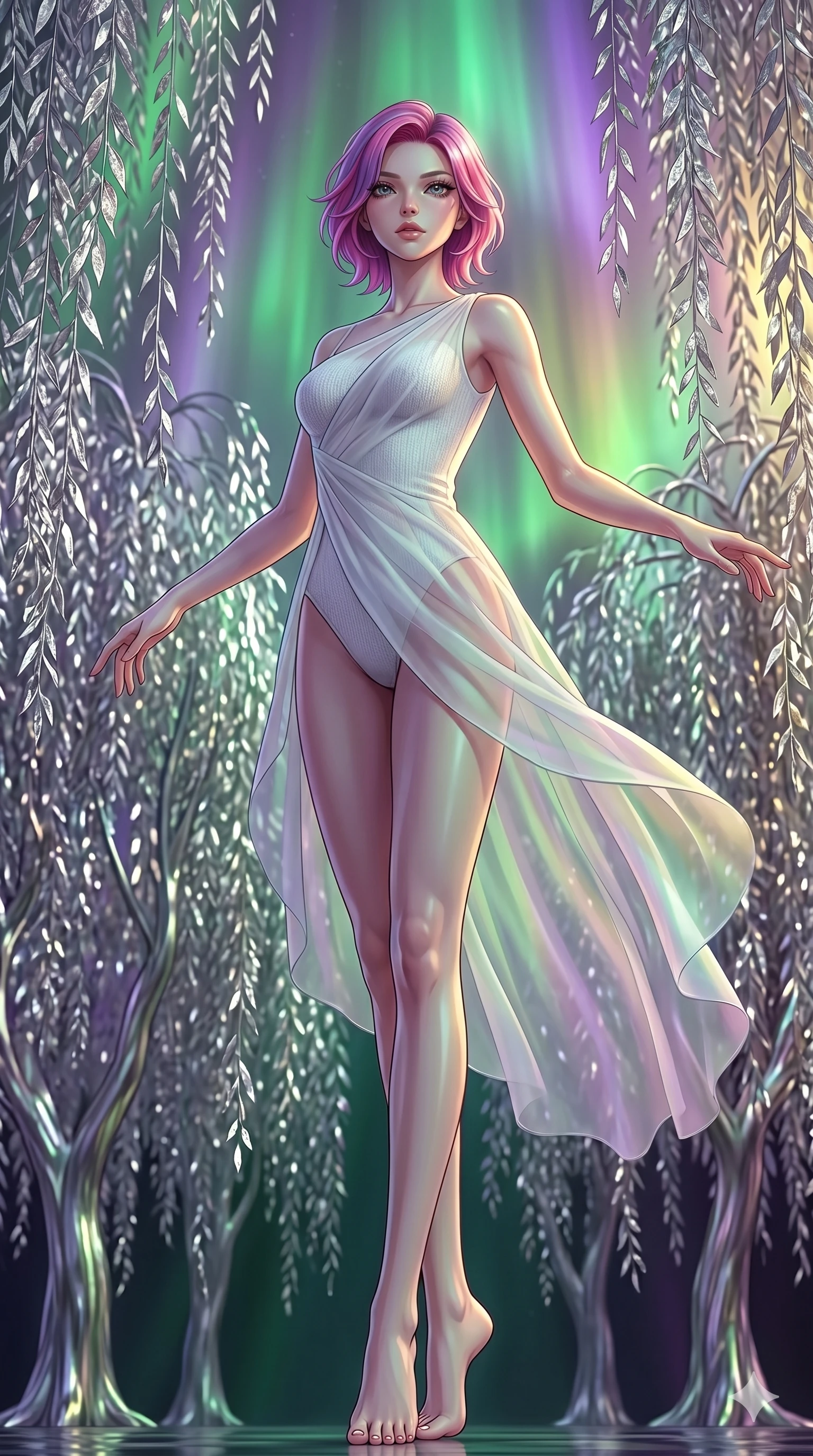 score_9, masterpiece, best quality, ultra-detailed, high-budget anime keyframe, editorial fashion photography, tasteful artistic composition, Caucasian woman, strictly human ears. low angle full-body shot from head to toe showing her feet, filling the entire 9:16 vertical frame with her statuesque presence, stretching her vertical silhouette. Balancing with elegant poise on tiptoe with arms extended within a glowing forest of metallic weeping willows with leaves made of silver foil. She has an absolutely perfect 8-heads proportion, an exceptionally tall and slender female figure with impossibly long slender legs and an ultra-slim waist. V-shaped jawline, high-bridge nose, intricate jewel-like eyes with depth, thick eyelashes, glossy lips with a natural sheen. wearing a fitted white knit bodysuit layered under an asymmetric draped overlay of translucent chiffon that flows dynamically with her movement. illuminated by a shifting aurora palette of green, violet, and gold from above, wrapping her in color. 2k, ultra detail, master piece, 9:16 ratio