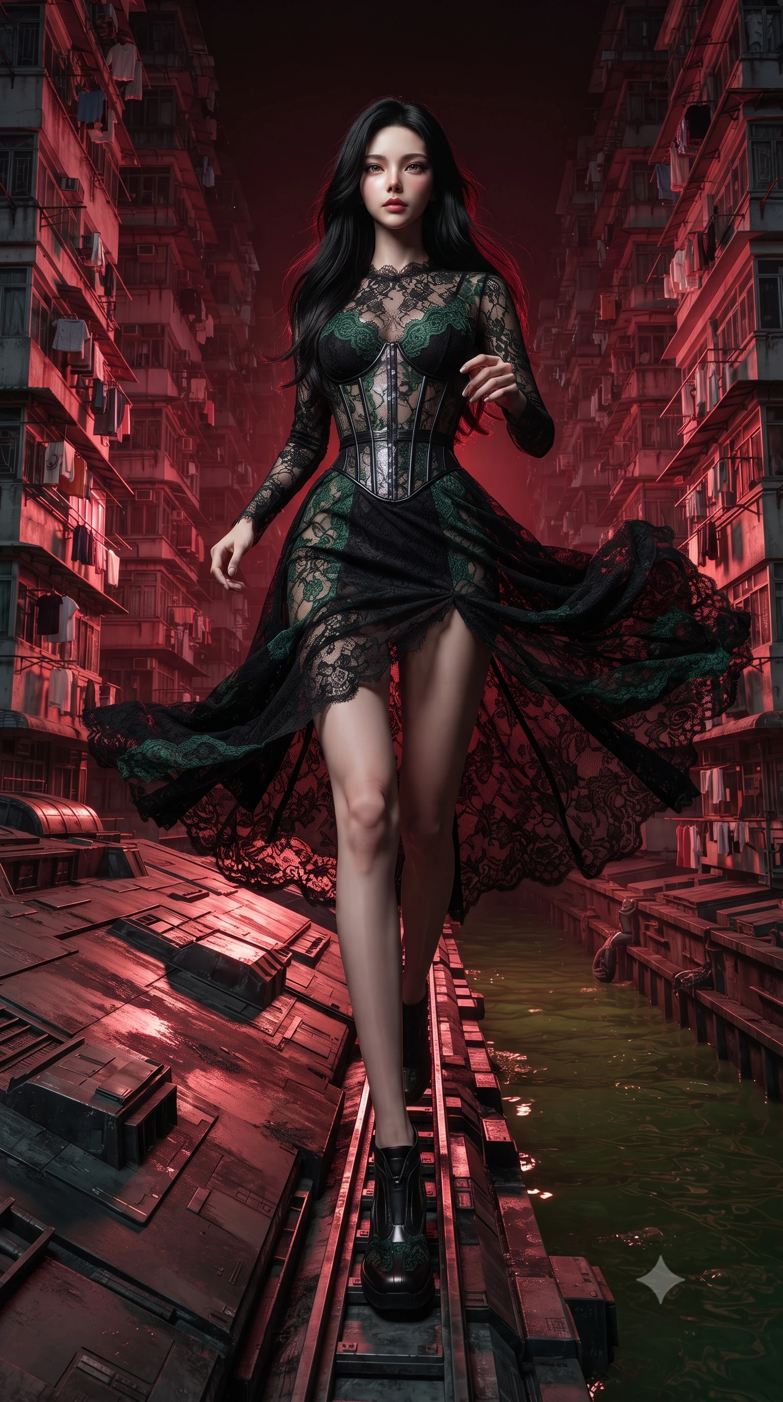 score_9, masterpiece, best quality, ultra-detailed, high-budget anime keyframe, editorial fashion photography, tasteful artistic composition, realistic cosplay photography, Korean woman. low angle full-body shot from head to toe showing her feet, filling the entire 9:16 vertical frame with her statuesque presence, stretching her vertical silhouette. running along the outer hull of a giant starship in zero gravity, magnetic boots clinging to a canal filled with polluted green water, flanked by towering residential blocks stacked like lego bricks with laundry hanging from balconies. She has a statuesque 8.5-heads proportion, an exceptionally tall, slender and willowy model-like build with impossibly long legs and a highly sculpted ultra-slim waist. sharp v-shaped jawline, high-bridge nose, intricate jewel-like eyes with depth, thick eyelashes, glossy lips with a natural sheen. wearing the lightweight fabric rippling and billowing dramatically with her movement, a body-hugging deconstructed lace gown in black, detailed with forest green lace panels and corset structure. deep crimson theatrical lighting with sharp specular highlights on every curve. ultra-reflective glossy finish, specular highlights, metallic sheen, high-contrast stereoscopic depth, volumetric dynamic lighting, 2k, ultra detail, master piece, 9:16 ratio