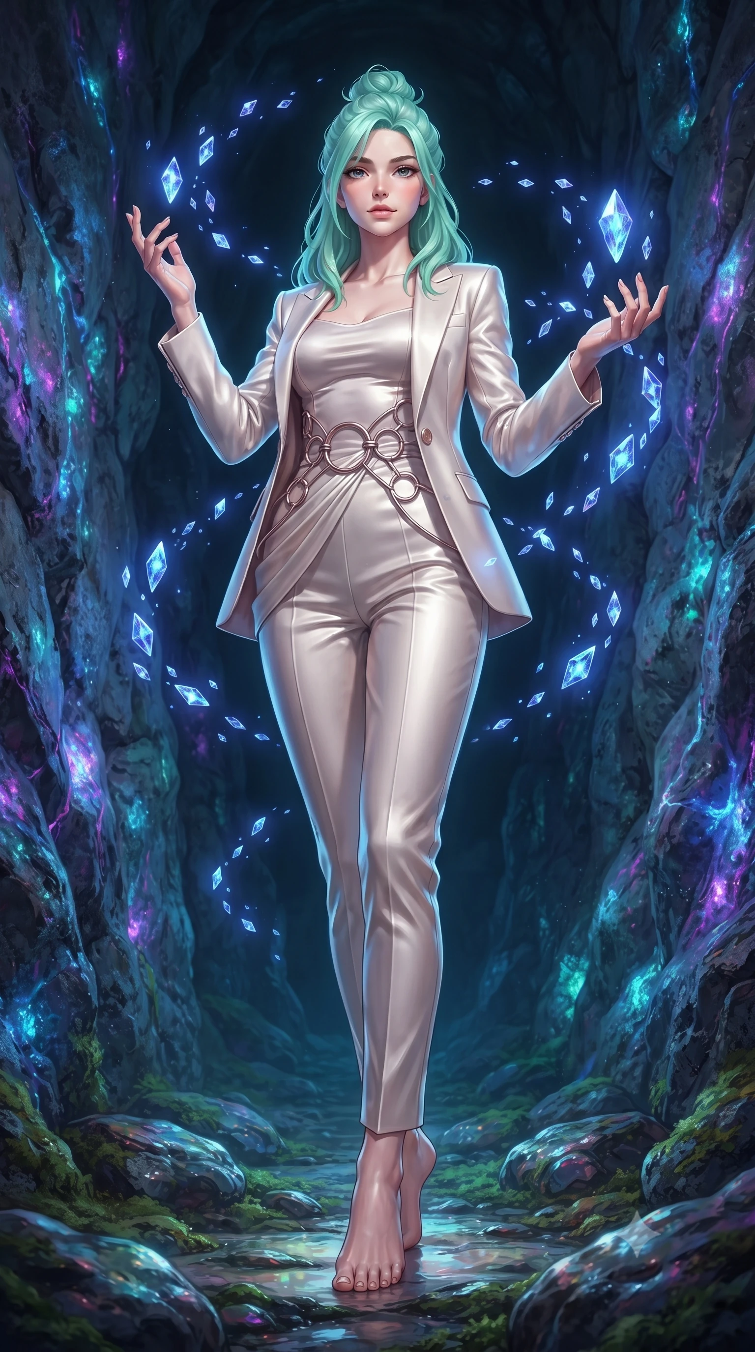 score_9, masterpiece, best quality, ultra-detailed, high-budget anime keyframe, editorial fashion photography, tasteful artistic composition, Japanese woman. low angle full-body shot from head to toe showing her feet, filling the entire 9:16 vertical frame with her statuesque presence, stretching her vertical silhouette. interacting gracefully with the magical floating elements while maintaining a confident posture guiding floating sapphire light crystals inside a deep mineral sanctuary, bioluminescent opal veins pulsing softly in the surrounding stone walls. She has an absolutely perfect, statuesque 8.5-heads proportion, an exceptionally tall and slender model-like female figure with impossibly long slender legs and an ultra-slim waist. sharp v-shaped jawline, high-bridge nose, intricate jewel-like eyes with depth, thick eyelashes, glossy lips with a natural sheen. wearing a tailored silk blazer over a form-contouring top and fitted slacks in pearl white and rose gold, crafted from lustrous satin jersey with fluid draping, accented with delicate chrome ring hardware framing her waist, the elegant draped fit framing her graceful clavicle and slender torso. surrounded by a cool jewel-toned luminescence with bright specular rim lights. ultra-reflective glossy finish, specular highlights, metallic sheen, high-contrast stereoscopic depth, volumetric dynamic lighting, 2k, ultra detail, master piece, 9:16 ratio
