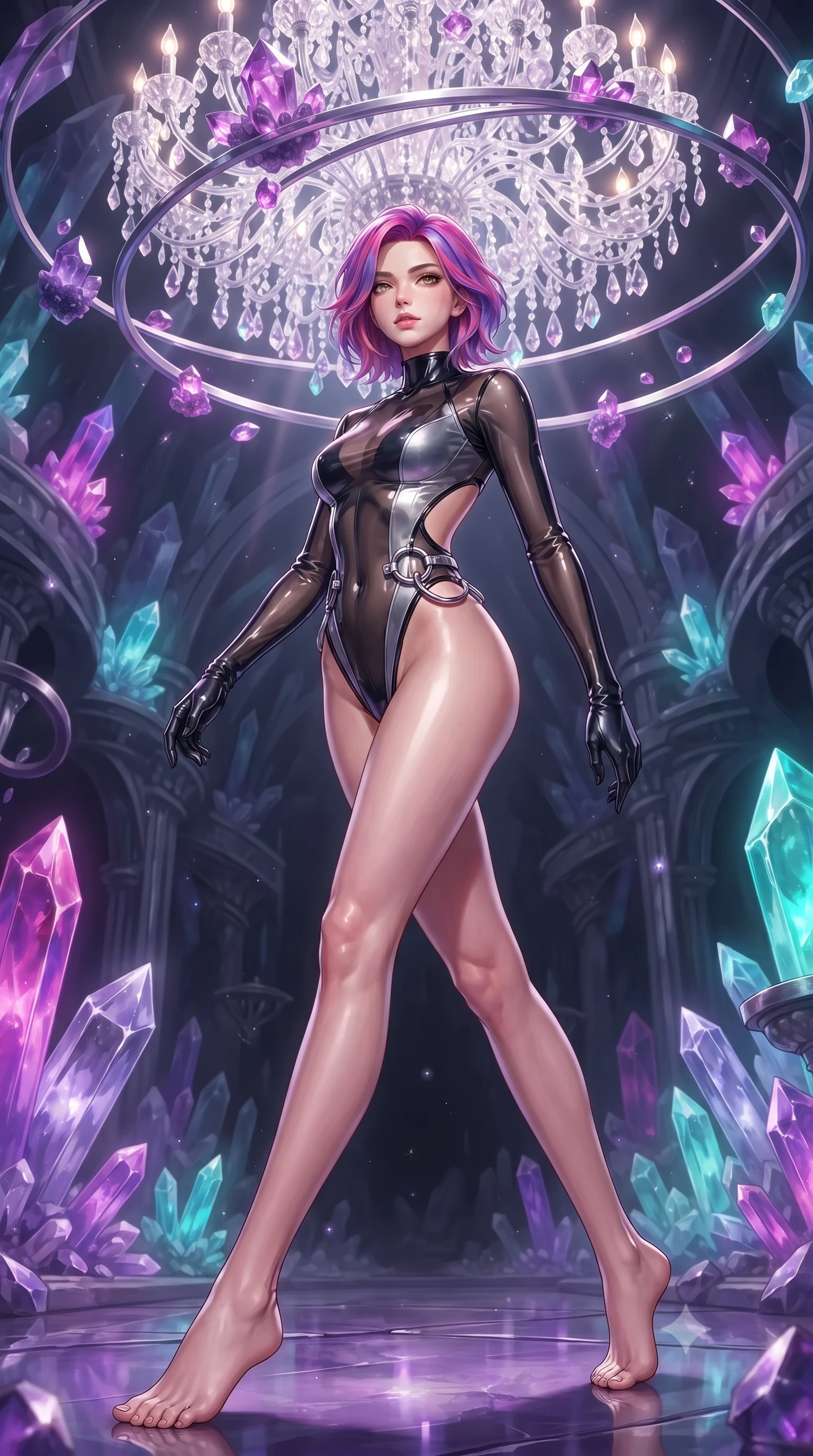 score_9, masterpiece, best quality, ultra-detailed, high-budget anime keyframe, editorial fashion photography, tasteful artistic composition, Caucasian woman. low angle full-body shot from head to toe showing her feet, filling the entire 9:16 vertical frame with her statuesque presence, stretching her vertical silhouette. forging dynamically through the scene, her vertical silhouette beautifully stretched poised beneath a giant crystal chandelier refracting subterranean sunlight, floating amethyst clusters drifting in smooth circular orbits. She has an absolutely perfect, statuesque 8.5-heads proportion, an exceptionally tall and slender model-like female figure with impossibly long slender legs and an ultra-slim waist. sharp v-shaped jawline, high-bridge nose, intricate jewel-like eyes with depth, thick eyelashes, glossy lips with a natural sheen. wearing a high-cut translucent vinyl leotard with front paneling and open back in matte black and polished silver, made of premium stretch velvet with a rich sheen, accented with delicate chrome ring hardware framing her waist, the glove-like fit emphasizing her statuesque silhouette. illuminated by radiant purple, magenta, and cyan crystal inner glow. ultra-reflective glossy finish, specular highlights, metallic sheen, high-contrast stereoscopic depth, volumetric dynamic lighting, 2k, ultra detail, master piece, 9:16 ratio