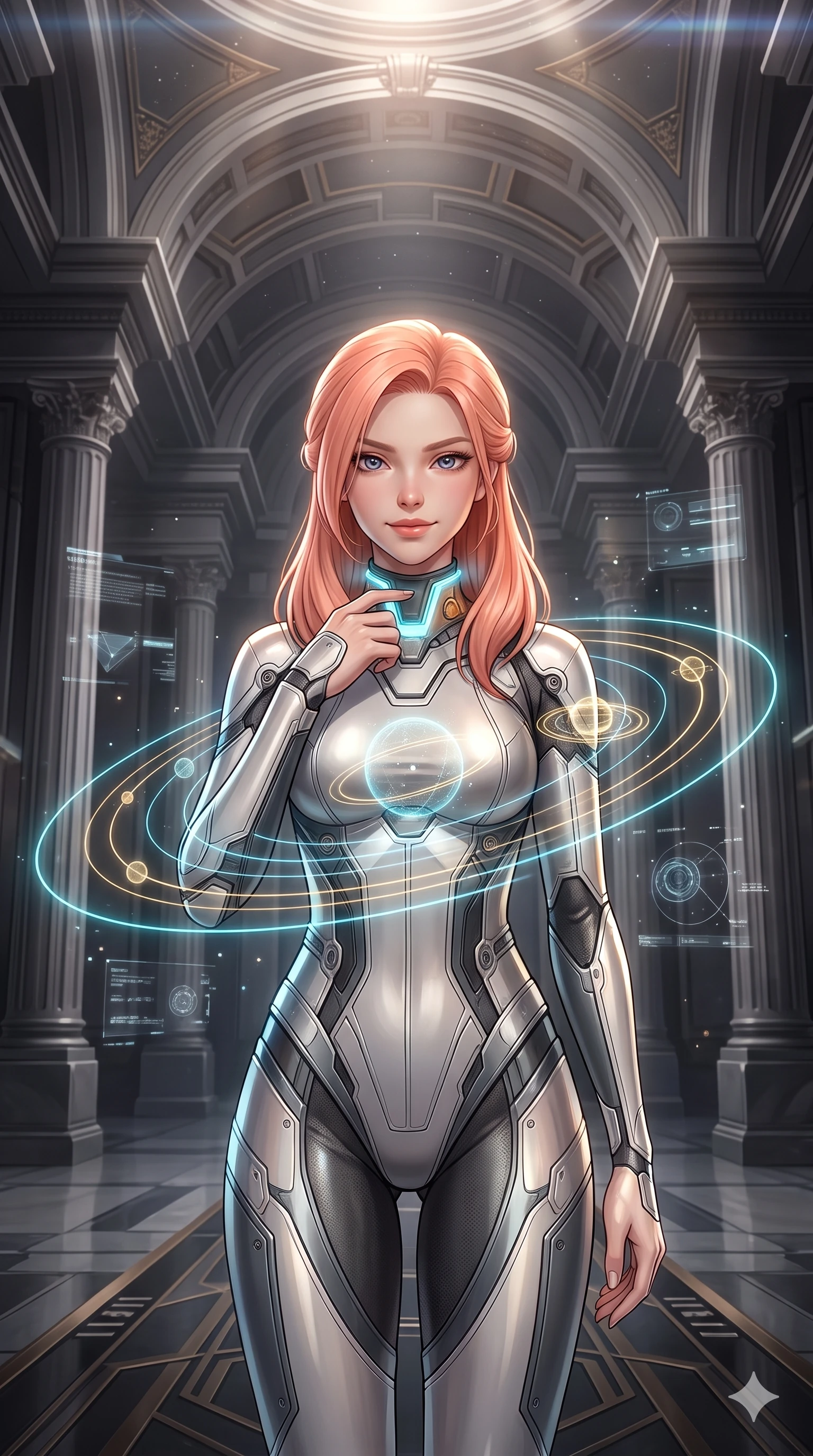 score_9, masterpiece, best quality, ultra-detailed, high-budget anime keyframe, semi-realistic 3D game render, editorial fashion photography, tasteful artistic composition, Japanese woman. close-up cowboy shot from the waist and thighs up, the character dominates the composition, filling the frame with her large presence. tilting her head with a teasing half-smile, running one finger slowly along her glowing comm-link collar in a flirtatious gesture while twisting her slender torso in an alluring contrapposto stance, glowing holographic planetary grid lines tracing her narrow waist and curvy hips in cool cyan and gold. The surrounding environment is rendered in vivid detail and crisp panoramic clarity: detailed diplomatic catsuit tailoring, polished carbon-weave paneling, and monumental neoclassical sci-fi architecture in razor-sharp precision. She has an exceptionally elegant, slender, and willowy female figure with an ultra-slim waist, flat toned midriff, narrow ribcage, and sculpted feminine hips creating an alluring, slim hourglass silhouette without bulk. sharp v-shaped jawline, high-bridge nose, intricate jewel-like sparkling eyes with depth, thick eyelashes, glossy parted lips with a natural sheen, bright confident smile with an enchanting and coquettish sensual glint, exuding both youthful magnetic charm and sovereign high-tech allure, flawlessly proportioned anatomical accuracy, strict slender model proportions, natural body alignment, perfectly sculpted long slender limbs, ultra-slim waistline, clean dynamic posture without body distortion. wearing a provocative sheer-illusion nanotech lace bodysuit with strategic metallic foil flocking and high-cut leg openings in metallic graphite and starlight platinum, woven from stretch metallic lurex jersey casting radiant starlight glints across her curves, accented with a chrome-drop body harness subtly framing her dewy collarbones and spine, the bespoke structured tailoring following the natural line of her 8.5-heads silhouette with refined elegance. bathed in the majestic, balanced ambient glow of floating holographic worlds mixed with dramatic overhead parliamentary spotlights. highly saturated vibrant anime colors, detailed shading with soft gradients, rich glossy textures, high-contrast stereoscopic depth, volumetric dynamic lighting, master piece, 9:16 ratio