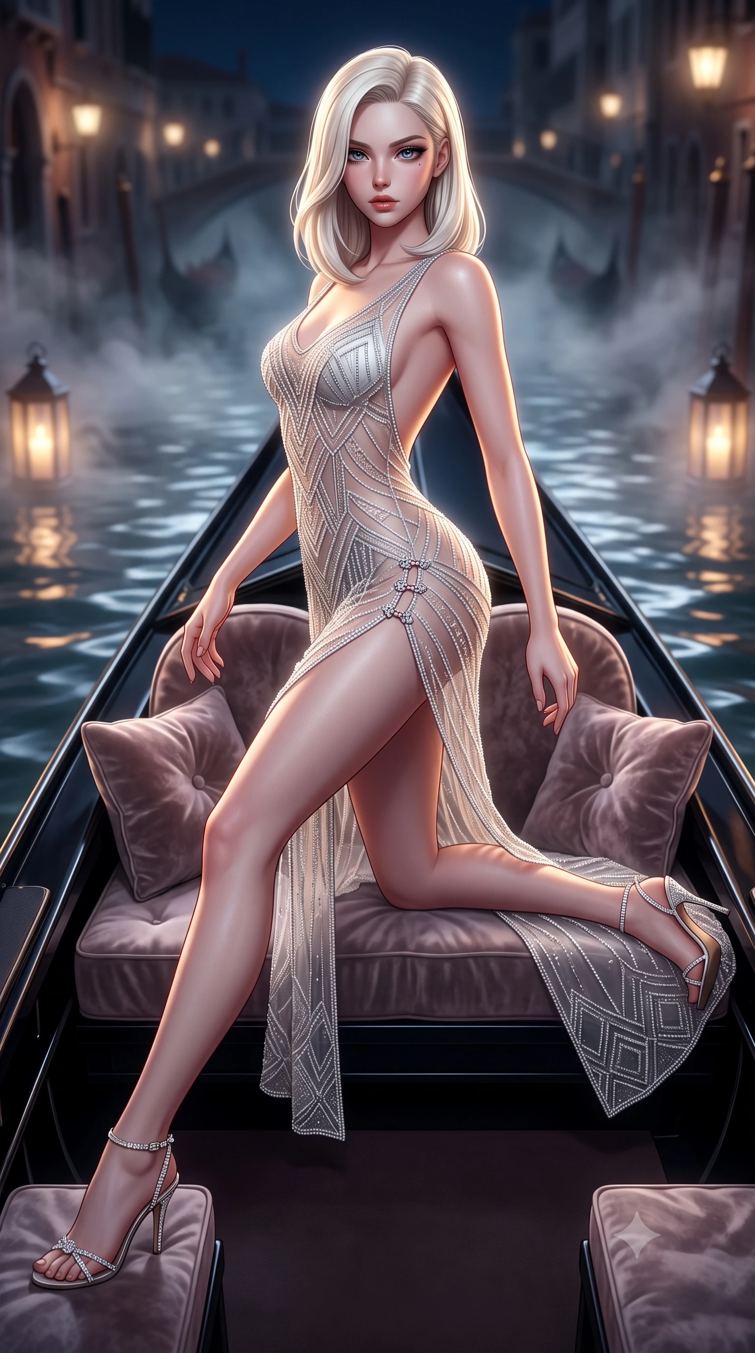 score_9, masterpiece, best quality, ultra-detailed, high-budget anime keyframe, semi-realistic 3D game render, editorial fashion photography, tasteful artistic composition, Caucasian woman. low angle full-body shot from head to toe showing her feet, filling the entire 9:16 vertical frame with her statuesque presence, stretching her vertical silhouette. striding forward in a proud supermodel runway stride, hips swaying in an alluring kinetic rhythm that accentuates her curvy hourglass silhouette while reclining on her side across the velvet cushions of a sleek black gondola, arching her lower back with one slender leg extended as moonlit canal ripples mirror her curvy hips. The composition keeps background elements in soft focus with creamy bokeh. swirling canal mist and flickering lantern glows softened in romantic shallow focus. She has an exceptionally tall and slender model-like 8.5-heads proportion, an ultra-slim waist, a flat toned midriff, narrow delicate ribcage, and beautifully sculpted feminine hips creating a graceful, slim hourglass silhouette without any bulky heaviness, with impossibly long slender legs. sharp v-shaped jawline, high-bridge nose, intricate jewel-like eyes with depth, thick eyelashes, glossy parted lips with a natural sheen, intensely captivating and seductive bedroom-eyes expression, flawlessly proportioned anatomical accuracy, strict slender model proportions, natural body alignment, perfectly sculpted long slender limbs, ultra-slim waistline, clean dynamic posture without body distortion. wearing a sheer vintage mesh flapper dress adorned with intricate geometric beadwork over an opaque silk slip in shimmering silver mercury and pearl white, tailored from ultra-smooth duchess satin with a pearlescent sheen, finished with an ultra-high side slit secured by miniature jeweled clasps, the precision-cut side openings and low-back scoop framing her graceful spine and the sensual sweep of her slim, toned hips. surrounded by an aristocratic, scandalous, and breathlessly captivating Venetian siren aura. highly saturated vibrant anime colors, detailed shading with soft gradients, rich glossy textures, high-contrast stereoscopic depth, volumetric dynamic lighting, master piece, 9:16 ratio
