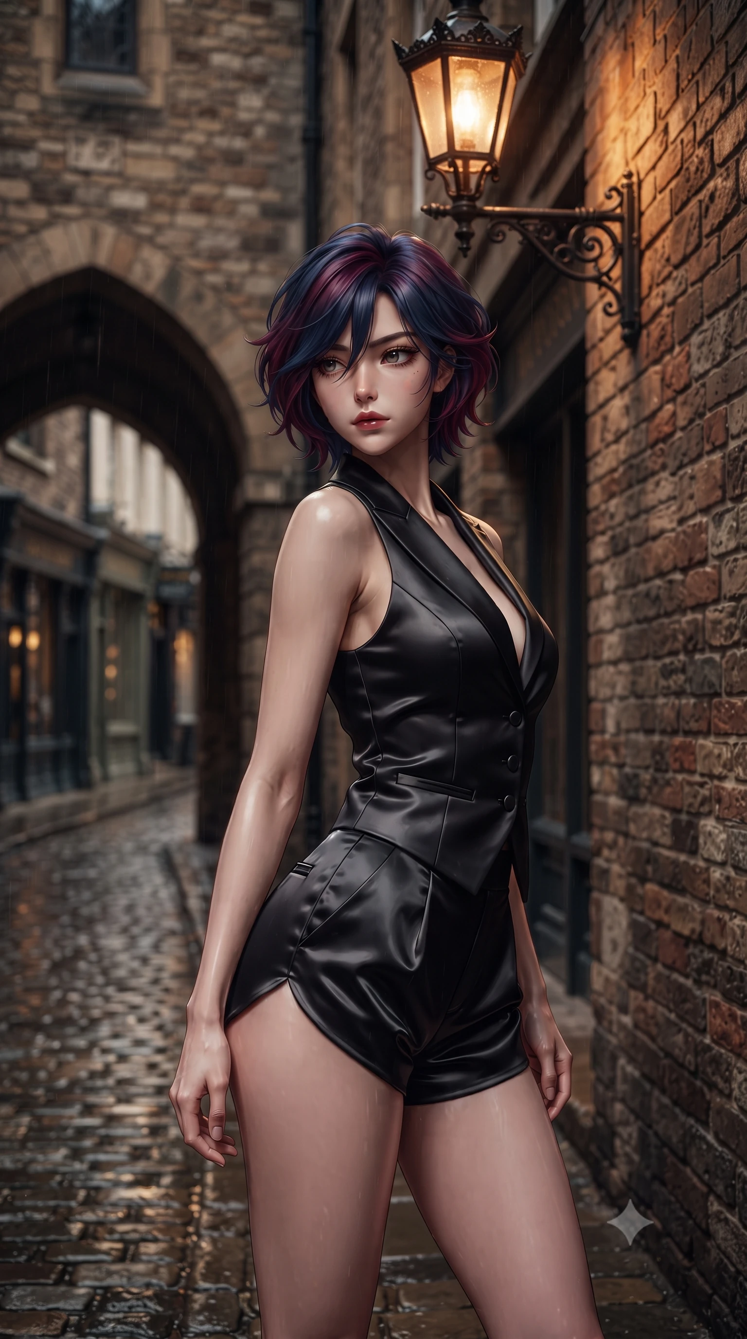 score_9, masterpiece, best quality, ultra-detailed, high-budget anime keyframe, editorial fashion photography, tasteful artistic composition, Korean woman. close-up cowboy shot from the waist and thighs up, the character dominates the composition, filling the frame with her large presence. glancing down over lowered lashes before meeting the camera with quiet, devastating intensity, her tailored outfit tracing her ultra-slim waist and hips while pausing beneath the warm glow of an ornate wrought-iron gaslamp with hips cocked back, looking over her shoulder with an intoxicating, smoldering gaze. The surrounding environment is rendered in vivid detail and crisp panoramic clarity. sharp wet cobblestone specular highlights, weathered brick masonry texture, and wrought-iron lamp scrollwork in deep focus. She has an exceptionally elegant, slender, and willowy female figure with an ultra-slim waist, flat toned midriff, narrow ribcage, and sculpted feminine hips creating an alluring, slim hourglass silhouette without bulk. sharp v-shaped jawline, high-bridge nose, intricate jewel-like dark sparkling eyes with dangerous depth, thick curled eyelashes, glossy parted lips with a rich wine sheen, smoldering seductive half-smile with bedroom-eyes, exuding effortless superiority and intoxicating dark allure, flawlessly proportioned anatomical accuracy, strict slender model proportions, natural body alignment, perfectly sculpted long slender limbs, ultra-slim waistline, clean dynamic posture without body distortion. wearing a tailored satin tuxedo vest worn closed against bare skin with high-cut tailored satin hot-pants in pure obsidian monochrome with subtle metallic sheen, crafted from heavy fluid silk satin with a liquid mirror-like drape, finished with sharp tailored peak lapels and subtle horn button accents, the liquid-tight tailored fabric clinging flawlessly to her narrow waist and rounded feminine hips, emphasizing every millimeter of her sculpted slim hourglass curves without any bulky heaviness. bathed in the warm nostalgic glow of gaslamp lanterns casting rich amber light from above. ultra-reflective glossy finish, specular highlights, rich textural contrasts, high-contrast stereoscopic depth, volumetric dynamic lighting, 2k, ultra detail, master piece, 9:16 ratio