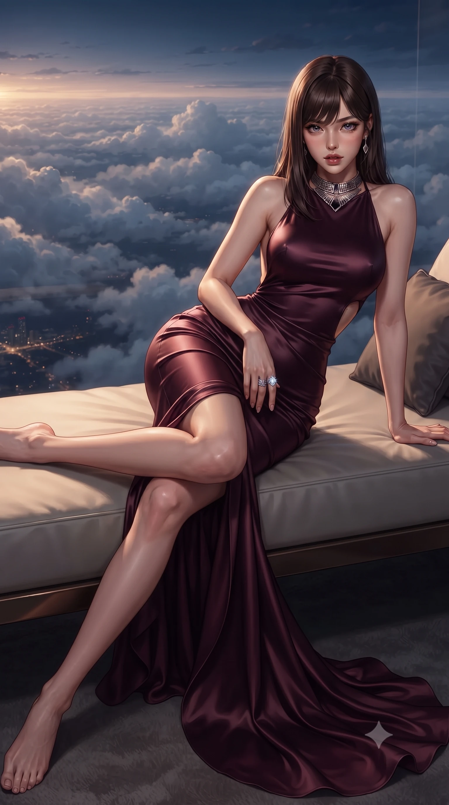 score_9, masterpiece, best quality, ultra-detailed, high-budget anime keyframe, editorial fashion photography, tasteful artistic composition, Korean woman. low angle full-body shot from head to toe showing her feet, filling the entire 9:16 vertical frame with her statuesque presence, stretching her vertical silhouette. reclining on her side in an elegant Cleopatra pose with one knee drawn up, the dramatic contour of her rounded hips and long slender legs commanding the 9:16 vertical frame while reclining across the private sky-lounge sunbed, one slender leg extended to accentuate her willowy yet curvy silhouette above the cloud horizon. The surrounding environment is rendered in vivid detail and crisp panoramic clarity. detailed silk gown drape, warm sun glints on skin, and stratospheric cloud texture in high resolution. She has an exceptionally tall and slender model-like 8.5-heads proportion, an ultra-slim waist, a flat toned midriff, narrow delicate ribcage, and beautifully sculpted feminine hips creating a graceful, slim hourglass silhouette without any bulky heaviness, with impossibly long slender legs. sharp v-shaped jawline, high-bridge nose, intricate jewel-like eyes with depth, thick eyelashes, glossy parted lips with a natural sheen, intensely captivating and seductive bedroom-eyes expression, flawlessly proportioned anatomical accuracy, strict slender model proportions, natural body alignment, perfectly sculpted long slender limbs, ultra-slim waistline, clean dynamic posture without body distortion. wearing an open-back duchess satin gala gown with a dramatic hip-hugging drape and cascading trailing hem in deep wine burgundy and brushed dark platinum, tailored from liquid silk jersey adhering flawlessly to her slender build, complemented by a bold geometric choker and sparkling cocktail ring, the glove-like aerodynamic silhouette tightly following the natural contour of her hips and long slender legs with statuesque 8.5-heads elegance. illuminated by warm amber floor mood lights sharply defining her sculpted collarbones, flat midriff, and rounded hips. ultra-reflective glossy finish, specular highlights, rich textural contrasts, high-contrast stereoscopic depth, volumetric dynamic lighting, 2k, ultra detail, master piece, 9:16 ratio