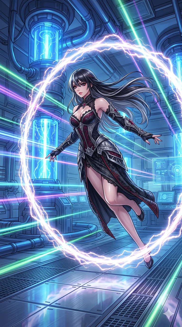score_9, masterpiece, best quality, ultra-detailed, High-budget Anime Keyframe, beautiful Japanese anime girl. Low angle cowboy shot filling the entire 9:16 frame with her statuesque presence. Leaping through a ring of glowing plasma in a high-tech laboratory with blue energy cores. She has an absolutely perfect 8-heads proportion, an exceptionally tall and slender female figure with impossibly long slender legs and an ultra-slim waist. Sharp v-shaped jawline, high-bridge nose, intricate jewel-like eyes with depth, thick eyelashes, glossy lips with a natural sheen. Wearing a Dark Fantasy outfit: gothic black lace corset gown with silver armor and a plunging neckline. Background is a bright and colorful lab with blue energy cores and vibrant light trails. 2k, ultra detail, master piece, 9:16 ratio