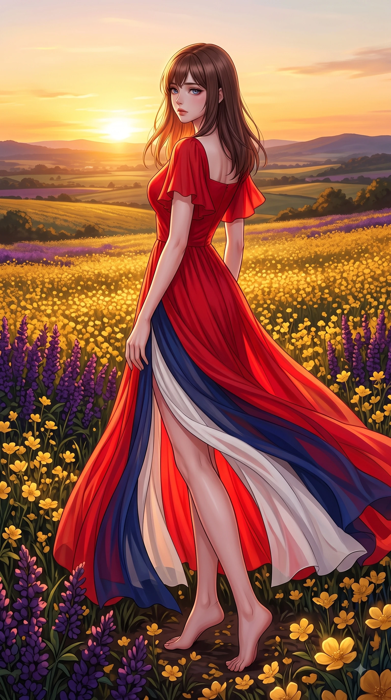 score_9, masterpiece, best quality, ultra-detailed, high-budget anime keyframe, editorial fashion photography, tasteful artistic composition, Korean woman. low angle full-body shot from head to toe showing her feet, filling the entire 9:16 vertical frame with her statuesque presence, stretching her vertical silhouette. Subtle lingering regret in her eyes, looking back over her shoulder with an emotional, reluctant glance while resting gracefully among golden blossoms as the setting sun illuminates her hair. The surrounding environment is rendered in vivid detail and crisp panoramic clarity. rich purple and gold color contrast in the landscape rendered with high environmental clarity. She has an absolutely perfect, statuesque 8.5-heads proportion, an exceptionally tall and slender model-like female figure with impossibly long slender legs and an ultra-slim waist. sharp v-shaped jawline, high-bridge nose, intricate jewel-like eyes with depth, thick eyelashes, glossy lips with a natural sheen, flawlessly proportioned anatomical accuracy, natural body alignment, perfectly sculpted elegant limbs, clean dynamic posture without body distortion. wearing a vibrant scarlet red chiffon maxi dress with a dramatic flowing skirt in royal navy blue and pure ivory, woven from fine lightweight chiffon fluttering gracefully, featuring elegant flutter sleeves and a graceful square neckline, the chic fashion cut framing her graceful clavicle and slender torso. bathed in ethereal twilight glow and warm golden sunset horizon light. highly saturated vibrant anime colors, detailed shading with soft gradients, rich glossy textures, high-contrast stereoscopic depth, volumetric dynamic lighting, master piece, 9:16 ratio