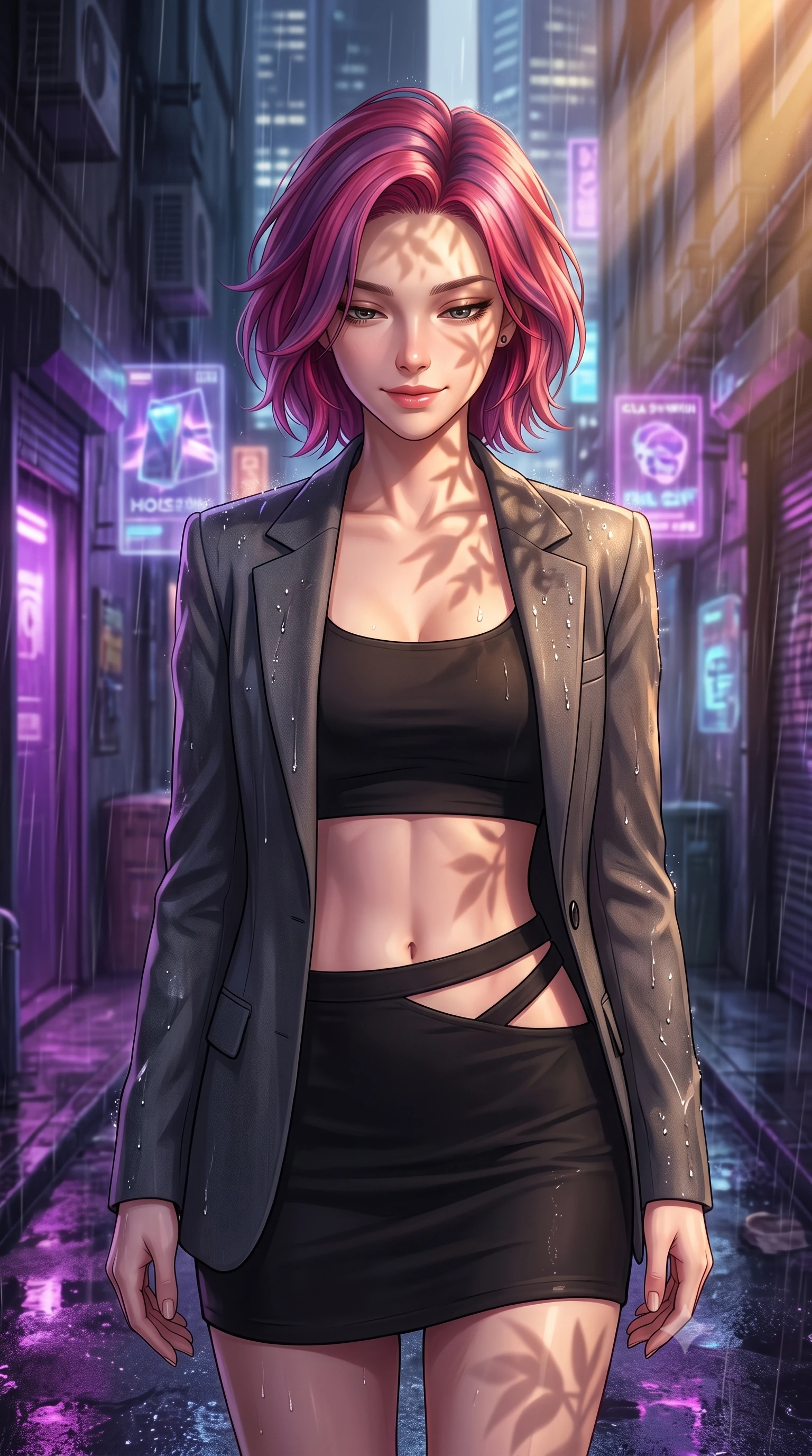 score_9, masterpiece, best quality, ultra-detailed, high-budget anime keyframe, editorial fashion photography, tasteful artistic composition, Caucasian woman, strictly human ears. close-up cowboy shot from the waist and thighs up, the character dominates the composition, filling the frame with her large presence, background elements kept in soft focus. Looking down with a gentle, thoughtful smile full of quiet warmth. set against a soft-focus background of in a narrow alleyway at night during a rainstorm, with wet concrete reflecting the purple neon of nearby skyscrapers and floating holographic ads. She has an exceptionally elegant, slender, and willowy female figure with a highly-defined ultra-slim waist, a gracefully sculpted slender torso, and a refined slim-fit silhouette that contours her form. sharp v-shaped jawline, high-bridge nose, intricate jewel-like eyes with depth, thick eyelashes, glossy lips with a natural sheen. wearing a structured blazer in charcoal grey worn open over a black crop top and matching mini skirt with side cutout. warm golden afternoon sunbeams casting soft organic leaf shadows across her skin. 2k, ultra detail, master piece, 9:16 ratio