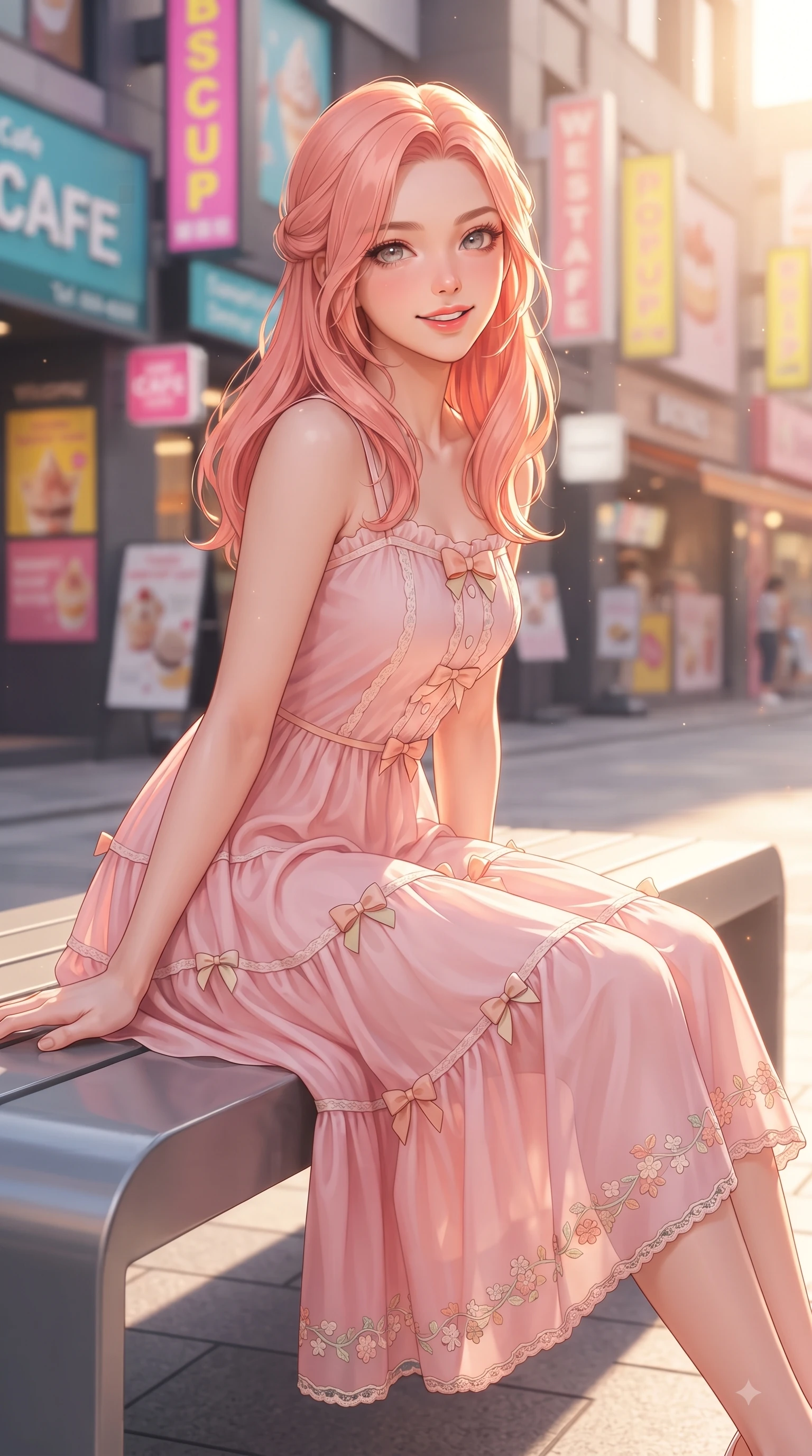 score_9, masterpiece, best quality, ultra-detailed, high-budget anime keyframe, editorial fashion photography, tasteful artistic composition, Japanese woman. close-up cowboy shot from the waist and thighs up, the character dominates the composition, filling the frame with her large presence. Playful cute expression with a warm smile and parted lips, looking right into the camera with vibrant energy while resting on a sleek modern outdoor bench outside a trendy dessert cafe with a joyful expression. The composition keeps background elements in soft focus with dreamy bokeh. colorful urban shop signs and trendy street pop-up stores blurred in creamy background bokeh. She has an exceptionally elegant, slender, and willowy female figure with an ultra-slim waist, a gracefully sculpted slender torso, and a refined silhouette. sharp v-shaped jawline, high-bridge nose, intricate jewel-like eyes with depth, thick eyelashes, glossy lips with a natural sheen, flawlessly proportioned anatomical accuracy, natural body alignment, perfectly sculpted elegant limbs, clean dynamic posture without body distortion. wearing a romantic pink tiered chiffon maxi dress decorated with delicate bow ribbons in peach blossom pink and warm oatmeal, tailored from crisp cotton poplin, complemented by delicate embroidered floral trim along the hem, the breezy lightweight fabric fluttering softly against her delicate frame. bathed in bright golden hour sunshine and warm urban ambient illumination. ultra-reflective glossy finish, specular highlights, metallic sheen, high-contrast stereoscopic depth, volumetric dynamic lighting, 2k, ultra detail, master piece, 9:16 ratio