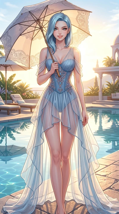 score_9, masterpiece, best quality, ultra-detailed, high-budget anime keyframe, vibrant anime aesthetic, Korean woman. cowboy shot from the thighs up, character and outfit filling the frame for maximum presence. She is holding a parasol with a bright