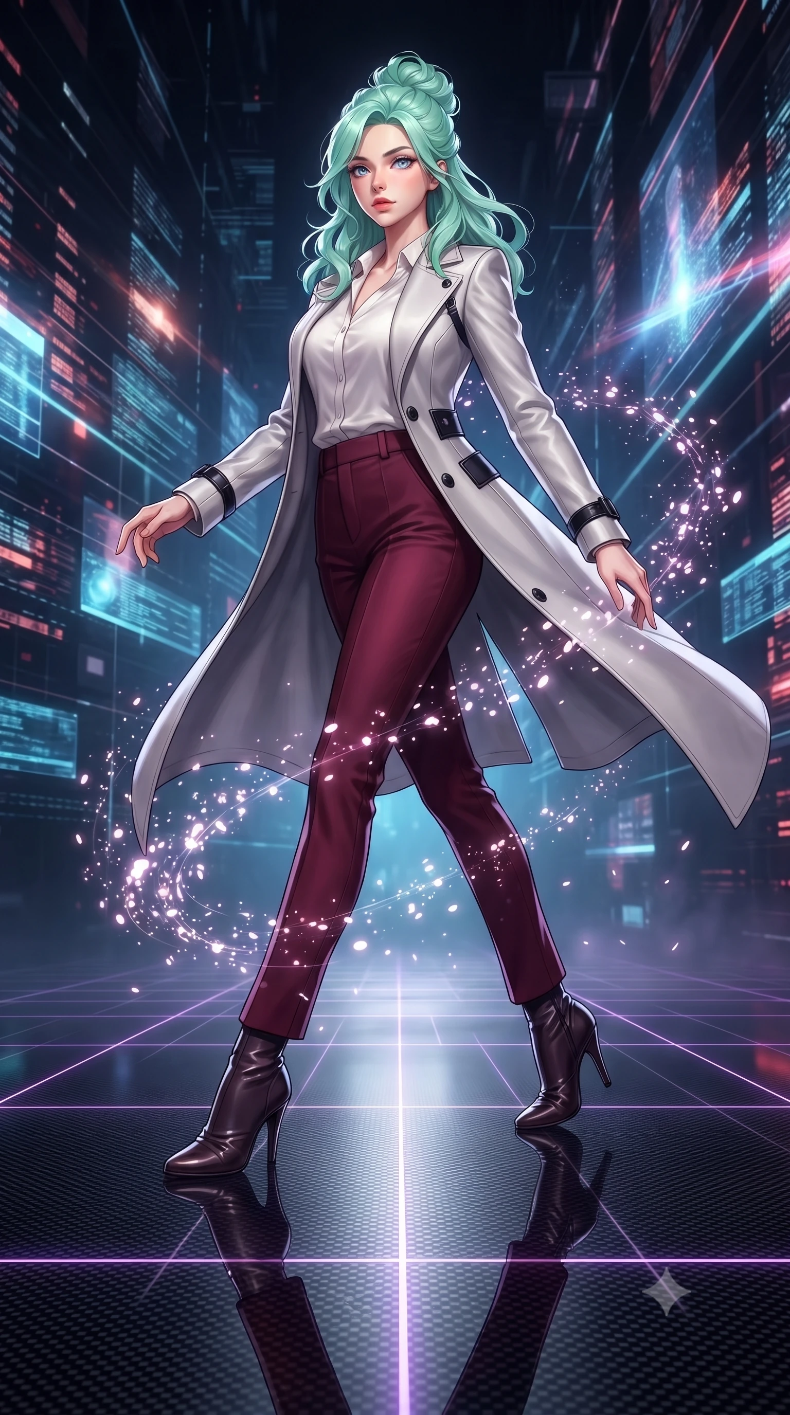 score_9, masterpiece, best quality, ultra-detailed, high-budget anime keyframe, editorial fashion photography, tasteful artistic composition, Japanese woman. low angle full-body shot from head to toe showing her feet, filling the entire 9:16 vertical frame with her statuesque presence, stretching her vertical silhouette. interacting with glowing light particles, her long slender legs poised in motion, poised on a dark carbon-fiber floor surrounded by glowing violet laser grid lines, dark carbon fiber floor creating sharp specular mirror reflections. She has an absolutely perfect, statuesque 8.5-heads proportion, an exceptionally tall and slender model-like female figure with impossibly long slender legs and an ultra-slim waist. sharp v-shaped jawline, high-bridge nose, intricate jewel-like eyes with depth, thick eyelashes, glossy lips with a natural sheen. wearing structured platinum leather long coat over white silk blouse and tailored slacks in deep crimson burgundy, made of iridescent dark violet taffeta, adorned with minimalist black onyx hardware framing the silhouette, accentuating her gracefully sculpted slender torso. surrounded by a glowing matrix aura with sharp edge highlights. highly saturated vibrant anime colors, detailed shading with soft gradients, rich glossy textures, high-contrast stereoscopic depth, volumetric dynamic lighting, master piece, 9:16 ratio
