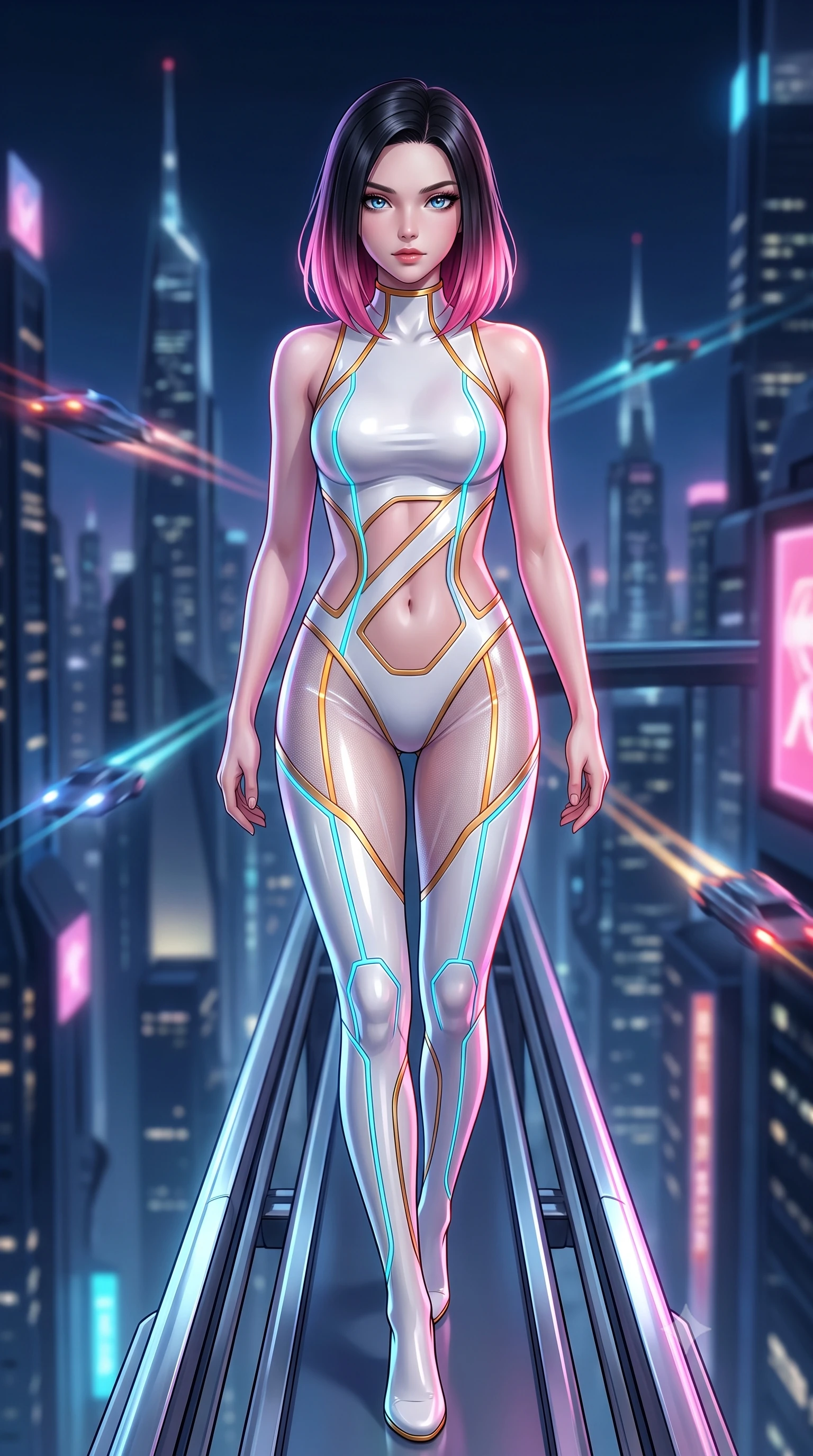 score_9, masterpiece, best quality, ultra-detailed, high-budget anime keyframe, semi-realistic 3D game render, editorial fashion photography, tasteful artistic composition, Korean woman. close-up cowboy shot from the waist and thighs up, the character dominates the composition, filling the frame with her large presence. gazing forward with divine sovereign poise, captivating jewel-like eyes shining with transcendent luminescence and alluring grace while stepping along a narrow chrome gantry extending into the open night air with commanding supermodel grace. The composition keeps background elements in soft focus with creamy bokeh. futuristic skyscraper spires and flying vehicle light trails softened in atmospheric shallow focus. She has an exceptionally elegant, slender, and willowy female figure with an ultra-slim waist, a gracefully sculpted slender torso, toned flat midriff, and a refined slim silhouette. sharp v-shaped jawline, high-bridge nose, intricate jewel-like eyes with depth, thick eyelashes, glossy lips with a natural sheen, flawlessly proportioned anatomical accuracy, strict slender model proportions, natural body alignment, perfectly sculpted long slender limbs, ultra-slim waistline, clean dynamic posture without body distortion. wearing a second-skin white-and-gold high-fashion tech-bodysuit with diagonal midriff cutouts and glowing cyan fiber seams in high-contrast monochrome white enamel and glowing amber lines, tailored from semi-translucent cybernetic vinyl with glowing micro-filaments, complemented by criss-cross back straps highlighting her completely bare spine, the liquid-tight tailored fabric emphasizing every curve of her tall, slender model proportions and sculptured silhouette during dynamic movement. surrounded by an exhilarating, supreme, and fiercely alluring cyber-monarch aura. rich saturated anime colors with glowing neon highlights, detailed shading with soft gradients, rich glossy textures, high-contrast stereoscopic depth, volumetric dynamic lighting, master piece, 9:16 ratio