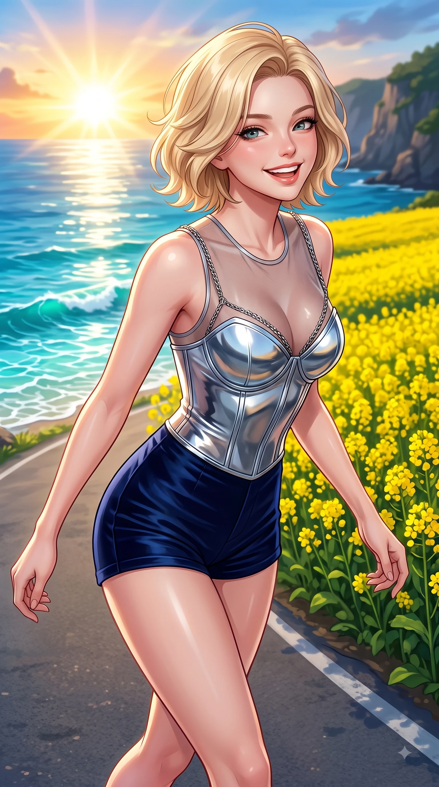 score_9, masterpiece, best quality, ultra-detailed, high-budget anime keyframe, editorial fashion photography, tasteful artistic composition, Caucasian woman. close-up cowboy shot from the waist and thighs up, the character dominates the composition, filling the frame with her large presence, background elements kept in soft focus. Cheerful beaming smile with sparkling eyes and a fresh girlhood aura, leaning forward with playful grace while walking cheerfully along a Jeju island coastal road flanked by yellow canola flower fields, crystal-clear turquoise water waves reflecting intense sunny morning refractions. She has an exceptionally elegant, slender, and willowy female figure with an ultra-slim waist, a gracefully sculpted slender torso, and a refined silhouette. sharp v-shaped jawline, high-bridge nose, intricate jewel-like eyes with depth, thick eyelashes, glossy lips with a natural sheen, flawlessly proportioned anatomical accuracy, natural body alignment, perfectly sculpted elegant limbs, clean dynamic posture without body distortion. wearing a chrome-plated structured bodice worn over a sheer mesh top and micro-shorts in midnight navy blue and chrome trim, made of premium stretch velvet with a rich sheen, adorned with delicate metallic chain straps along the neckline, the tailored fabric tightly following every curve of her athletic build. illuminated by a glorious golden hour sunburst over deep blue island ocean waves. highly saturated vibrant anime colors, detailed shading with soft gradients, rich glossy textures, high-contrast stereoscopic depth, volumetric dynamic lighting, master piece, 9:16 ratio