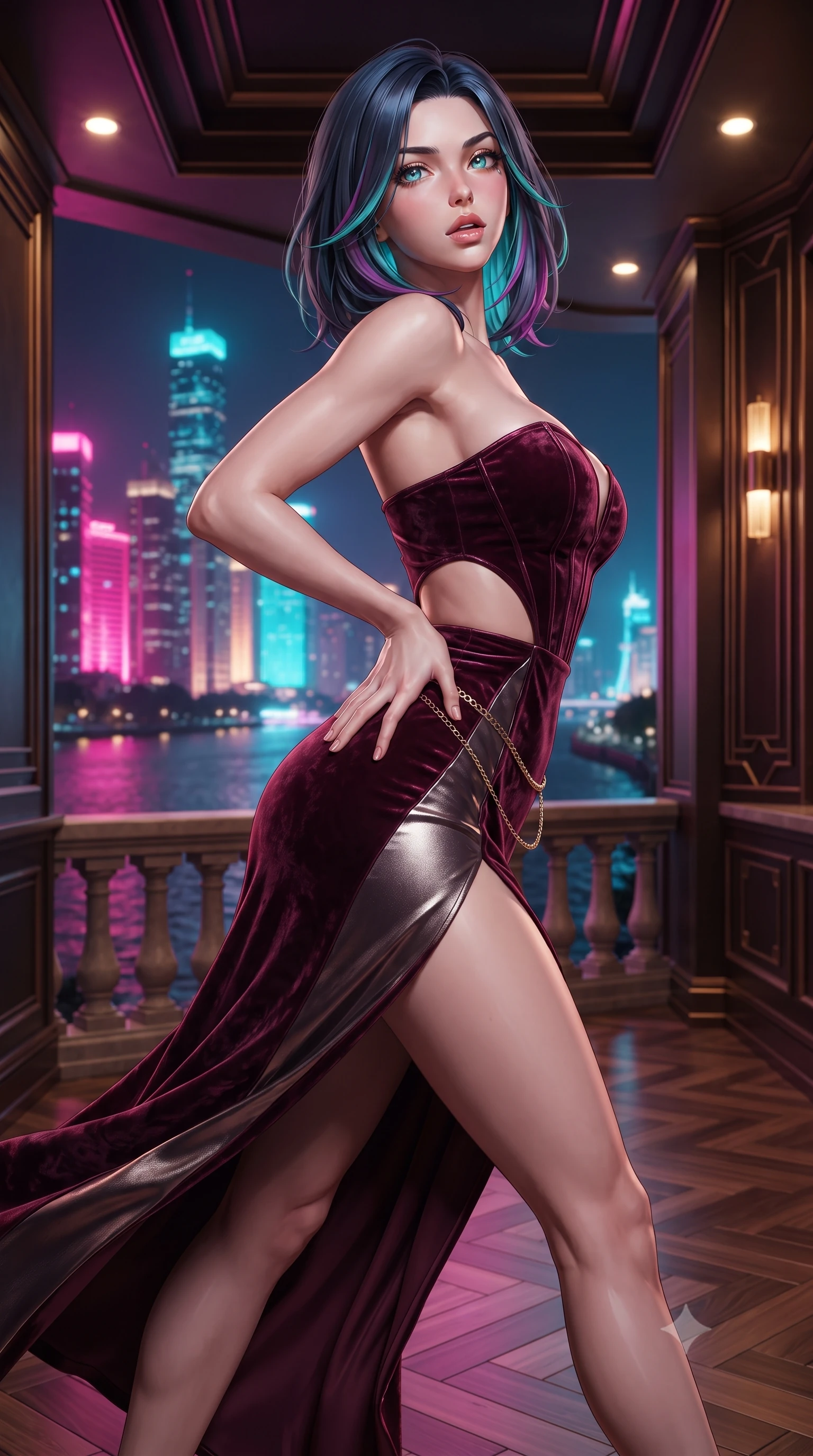 score_9, masterpiece, best quality, ultra-detailed, high-budget anime keyframe, editorial fashion photography, tasteful artistic composition, Caucasian woman. close-up cowboy shot from the waist and thighs up, the character dominates the composition, filling the frame with her large presence. posing in an alluring rear three-quarter angle, arching her lower back in a pronounced S-curve with one hand on her hip, glancing seductively over her bare shoulder with parted glossy lips while striding across the penthouse balcony as river breezes whip her high-slit dress open, accentuating her long slender legs and curvy hips. The surrounding environment is rendered in vivid detail and crisp panoramic clarity. sharp art deco geometric bronze moldings, polished parquet flooring, and stone balustrade in deep focus. She has an exceptionally elegant, slender, and willowy female figure with an ultra-slim waist, flat toned midriff, narrow ribcage, and sculpted feminine hips creating an alluring, slim hourglass silhouette without bulk. sharp v-shaped jawline, high-bridge nose, intricate jewel-like eyes with depth, thick eyelashes, glossy parted lips with a natural sheen, intensely captivating and seductive bedroom-eyes expression, flawlessly proportioned anatomical accuracy, strict slender model proportions, natural body alignment, perfectly sculpted long slender limbs, ultra-slim waistline, clean dynamic posture without body distortion. wearing a deep sweetheart neckline crushed velvet corseted ballgown with an exposed midriff cutout in deep wine burgundy and brushed dark platinum, crafted from heavyweight crushed silk velvet with liquid vintage luster, accented with a delicate gold chain belt resting loosely on her curvy hips, the glove-like aerodynamic silhouette tightly following the natural contour of her hips and long slender legs with statuesque 8.5-heads elegance. bathed in vibrant magenta and electric cyan river skyline reflections contrasting with warm amber interior downlights. ultra-reflective glossy finish, specular highlights, rich textural contrasts, high-contrast stereoscopic depth, volumetric dynamic lighting, 2k, ultra detail, master piece, 9:16 ratio