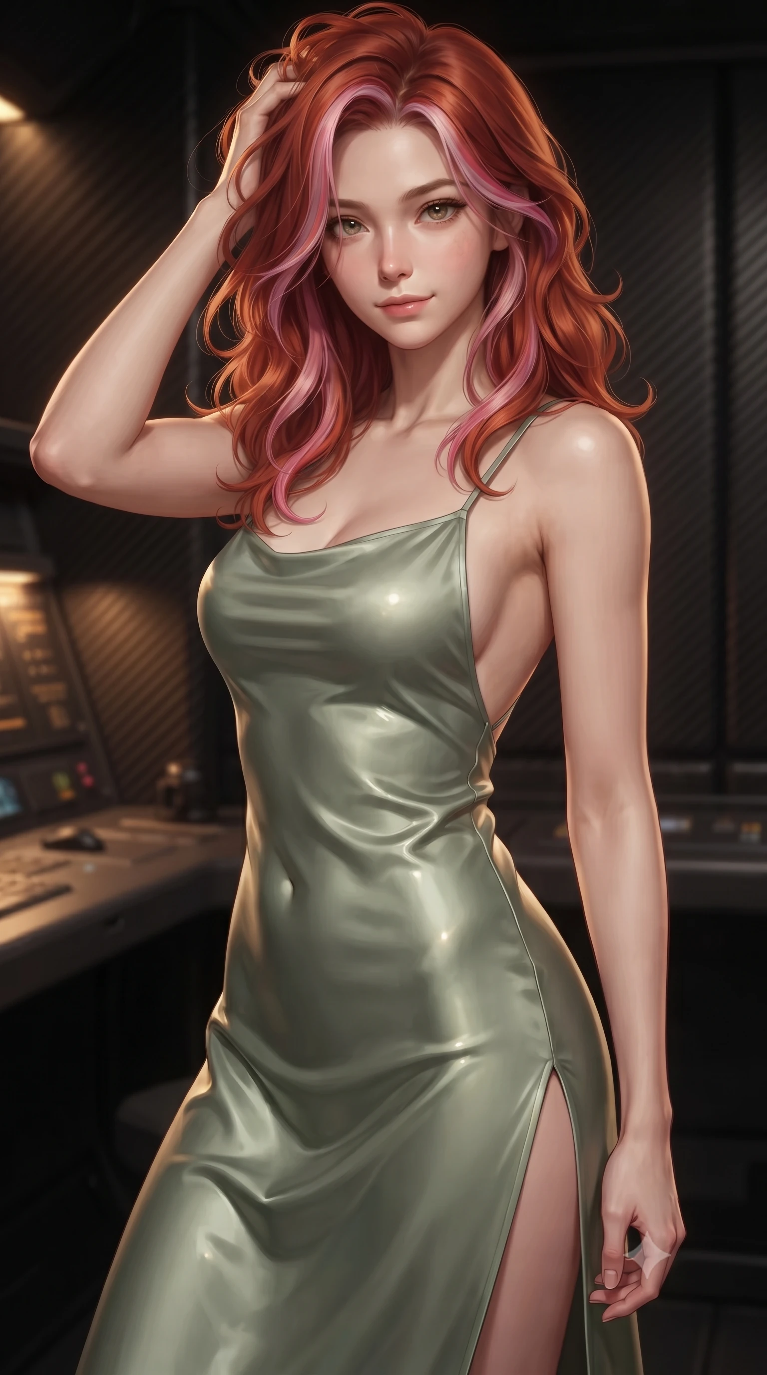 score_9, masterpiece, best quality, ultra-detailed, high-budget anime keyframe, editorial fashion photography, tasteful artistic composition, Caucasian woman. close-up cowboy shot from the waist and thighs up, the character dominates the composition, filling the frame with her large presence, background elements kept in soft focus. slowly running a hand through her hair, smiling with quiet, magnetic self-assurance directly into the camera, the background shows a soft-focus a private quarters aboard an interstellar singularity warship with dark carbon walls. She has an exceptionally elegant, slender, and willowy female figure with an ultra-slim waist, a gracefully sculpted slender torso, and a refined silhouette. sharp v-shaped jawline, high-bridge nose, intricate jewel-like eyes with depth, thick eyelashes, glossy lips with a natural sheen. wearing a slim-fit lightweight silk combat slip dress in sage green, featuring a high side slit and a low-cut back. warm golden light from reading consoles casting cozy, intimate shadows on silk sheets. ultra-reflective glossy finish, specular highlights, metallic sheen, high-contrast stereoscopic depth, volumetric dynamic lighting, 2k, ultra detail, master piece, 9:16 ratio