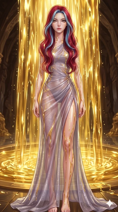 score_9, masterpiece, best quality, ultra-detailed, High-budget Anime Keyframe, East Asian woman. Low angle cowboy shot filling the entire 9:16 frame with her statuesque presence. Scenario 159: Standing under a waterfall of liquid gold, the fluid coa